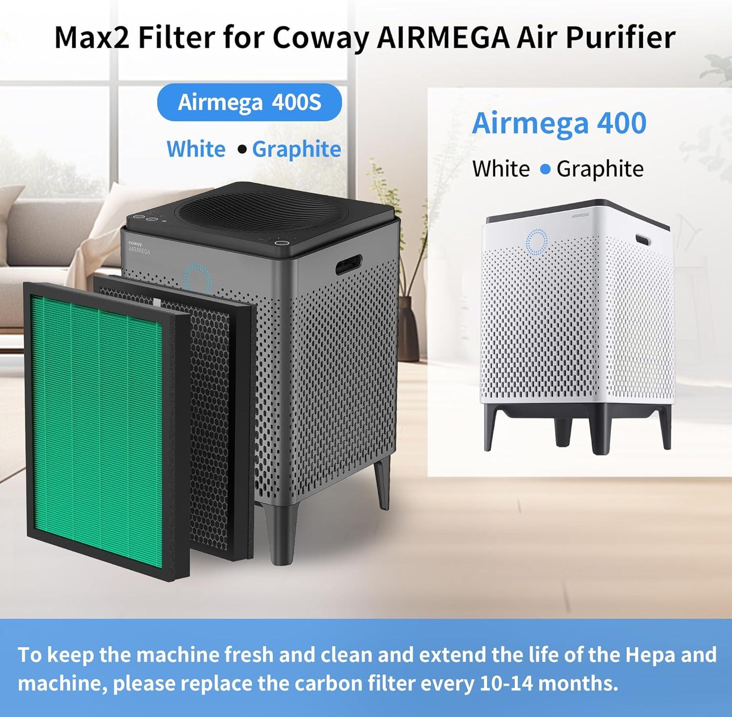 Coway Replacement Max2 Filter Set for Airmega 400 Series: True HEPA, Captures Smoke & Dust, Compatible with Coway Purifiers