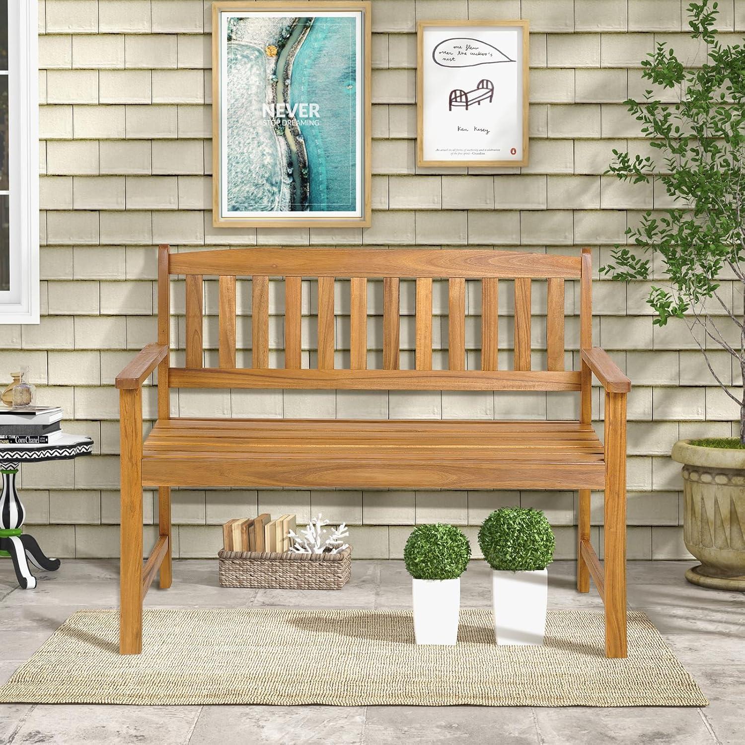 GVN 2-Person Outdoor Acacia Wood Bench with Backrest, Comfortable Outdoor Seating with Resistant Finish