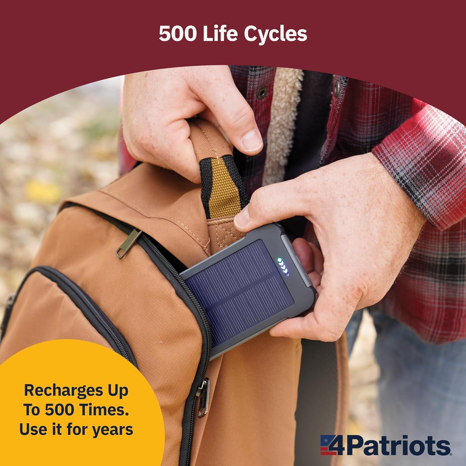 4Patriots 4-Pack Patriot Power Cell Bundle: Portable Solar Power, Rechargeable Battery 2 USB Ports, 8,000 mAh Lithium Polymer Battery, LED Flashlight & IP67 Water Resistant for Hiking or Emergencies