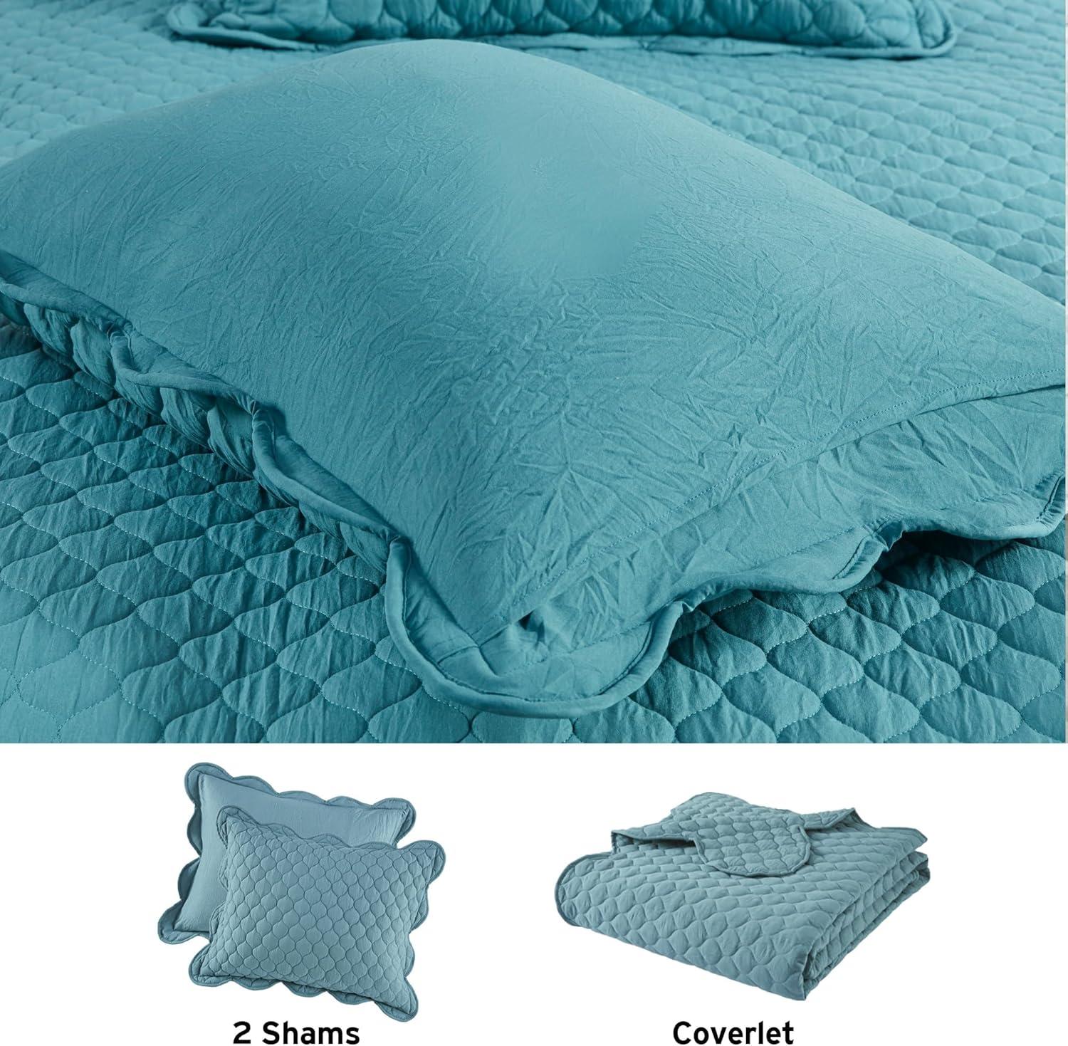 Teal King Reversible Microfiber Quilt Set with Scallop Edges