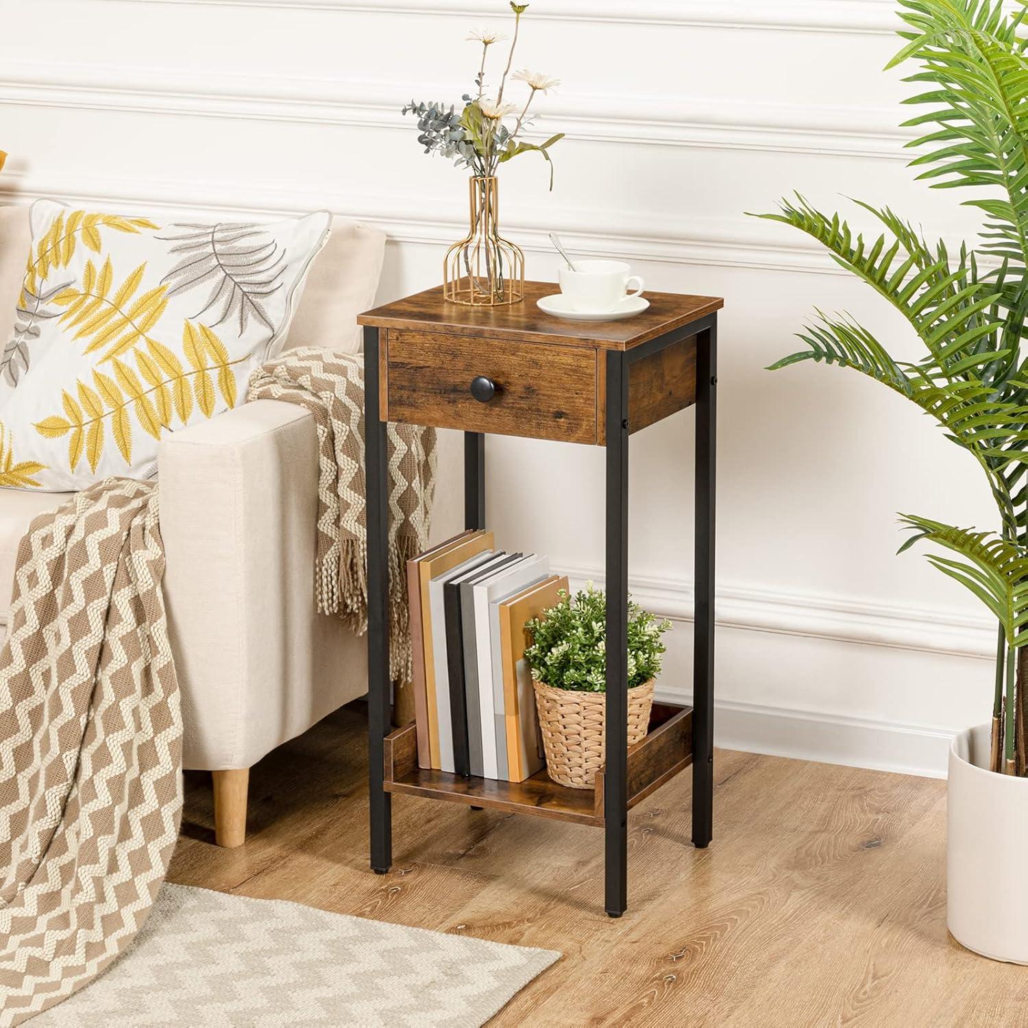 Rustic Brown and Black Metal End Table with Drawer and Shelf