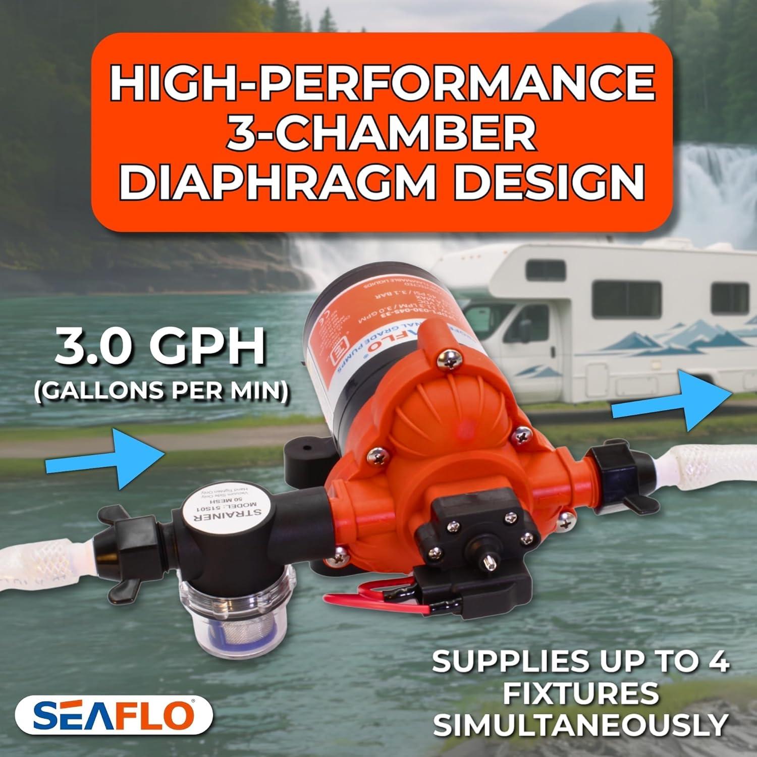 SEAFLO 123ABC, 3.0A, 12V, Orange and White, Diaphragm Self Priming Water Transfer Pump, 3.0 GPM