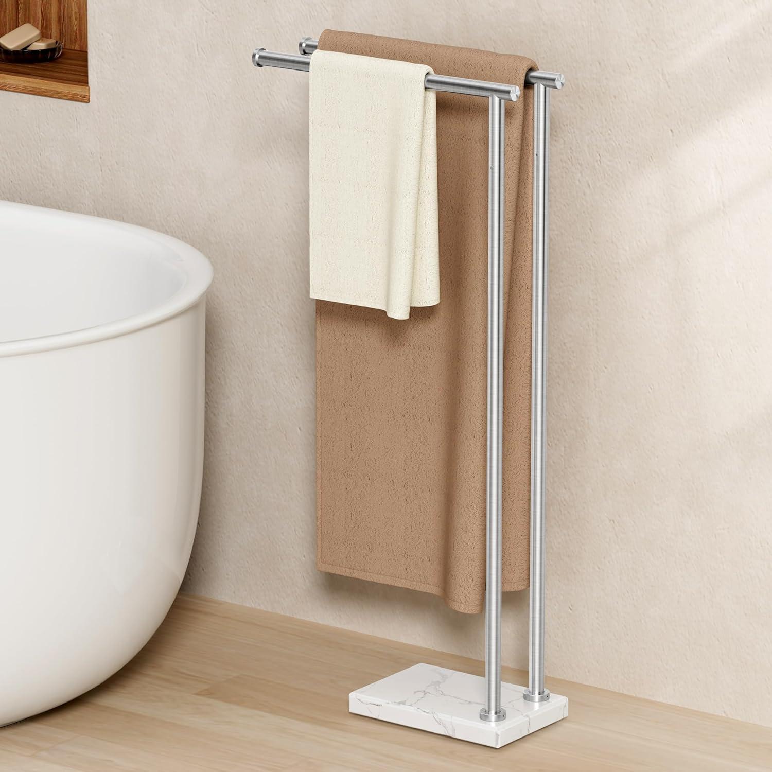 Brushed Silver Freestanding Towel Rack with Marble Base