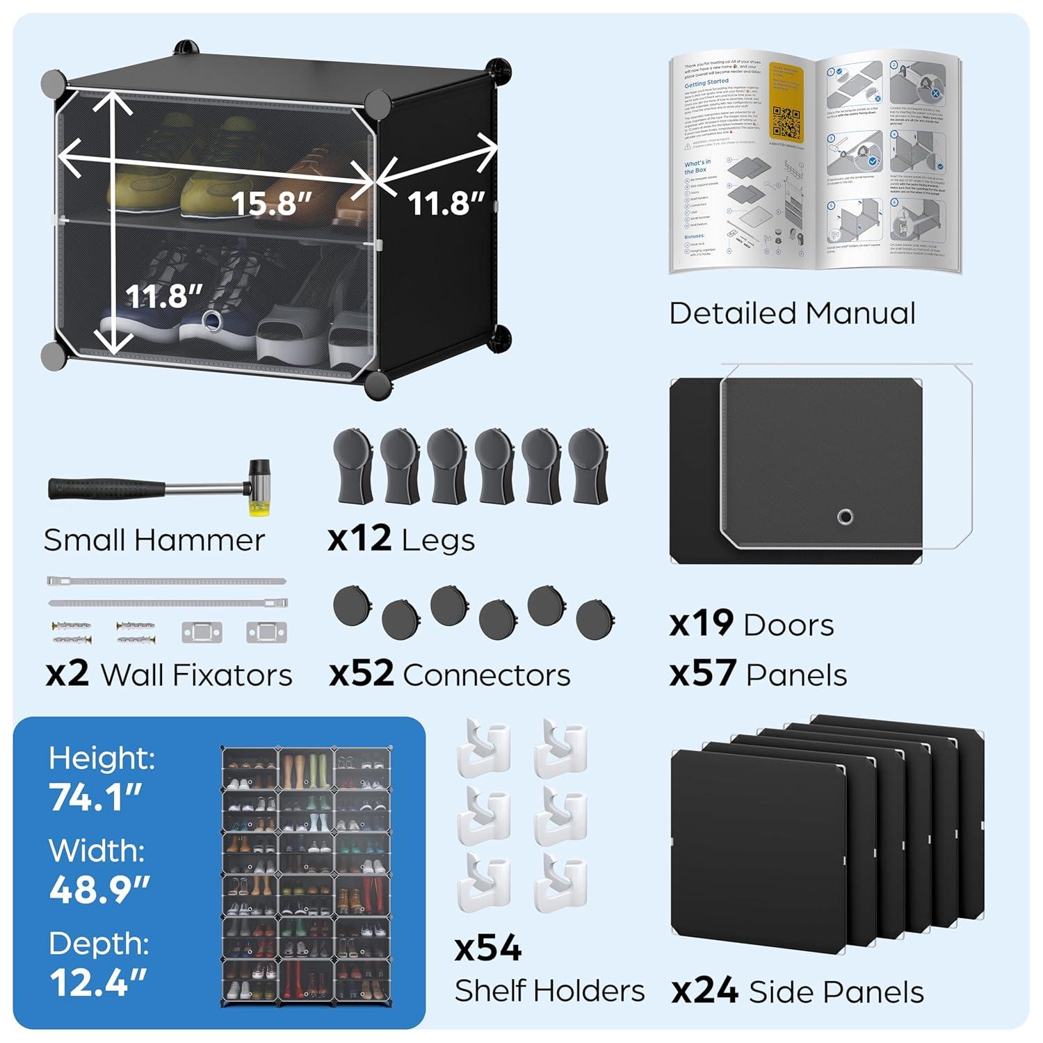 Shoe Organizer Cabinet Up to 72 Pairs, Shoe Closet-Covered Shoe Rack with See-Through Door (Clear, Plastic, Stackable) Cubby Portable Shoe Organizer with Covers, Hooks & Pockets, Black