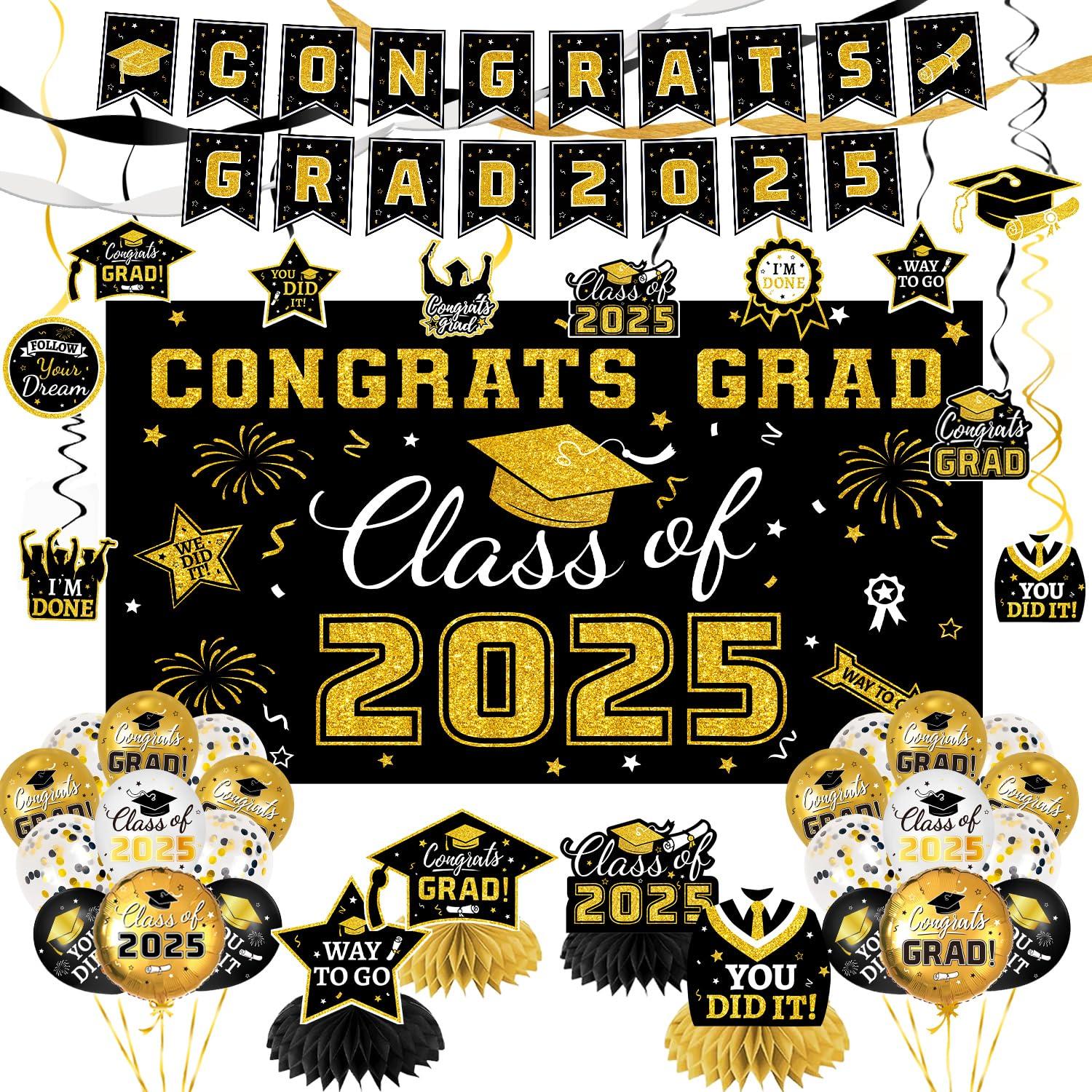 Graduation Party Decorations Class of 2025 Graduation Party Supplies Congrats Grad Banner Class of 2025 Backdrop, Paper Pompoms, Balloons for Congrats Grad Party Decorations (Burgundy-Gold)
