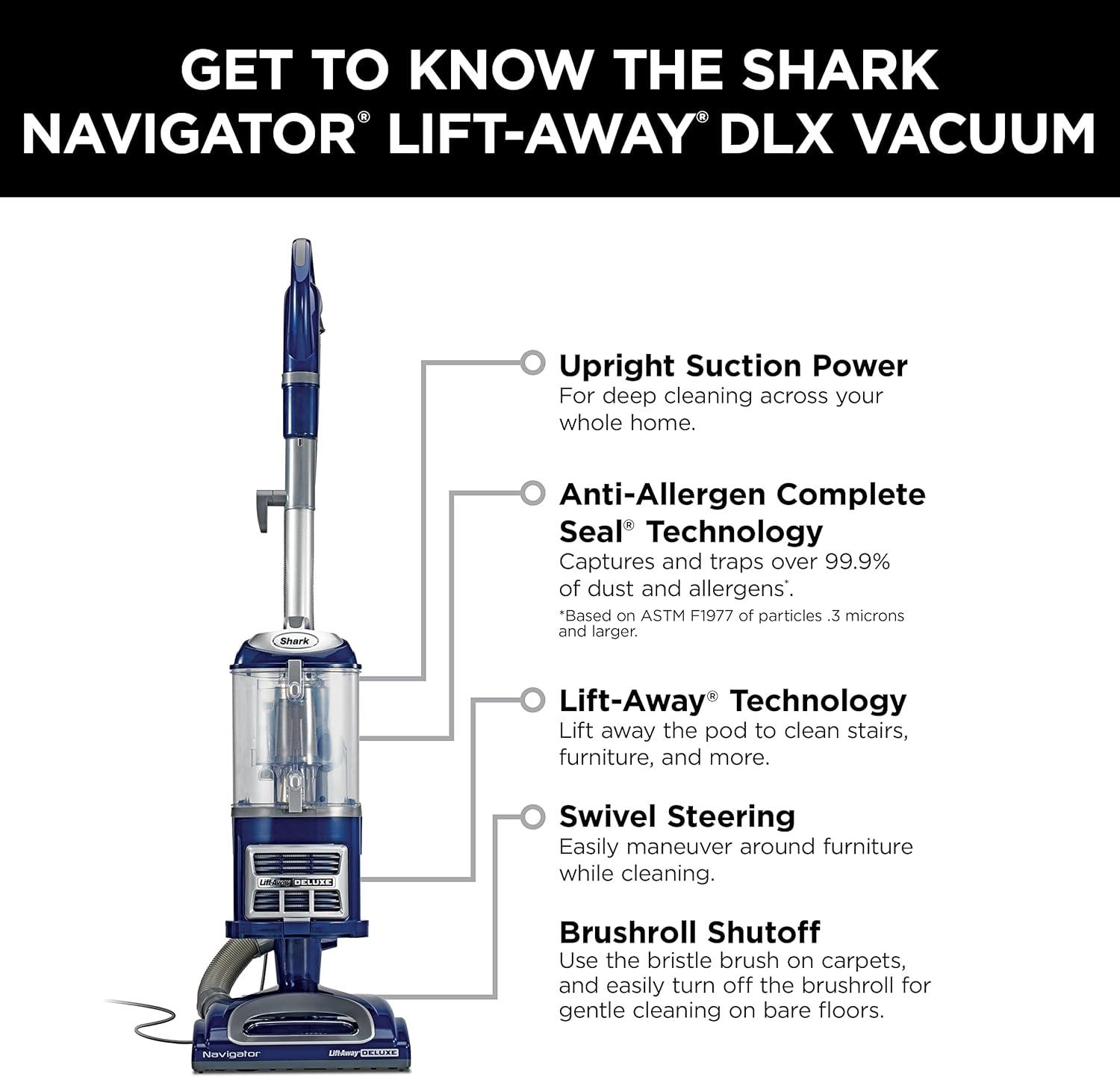 Shark Navigator® Lift-Away® Deluxe Upright Vacuum with Large Dust Cup Capacity, HEPA Filter, Swivel Steering, Upholstery Tool & Crevice Tool