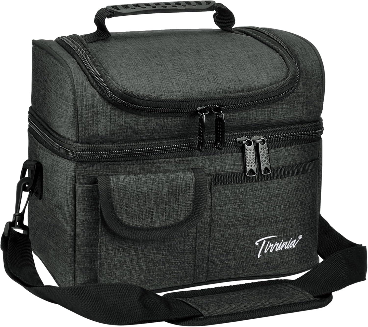 Tirrinia Dual Compartment Lunch Bag with Shoulder Strap for Adults, Large Lunch Bags, Insulated Leakproof Thermal Lunch Totes, Charcoal
