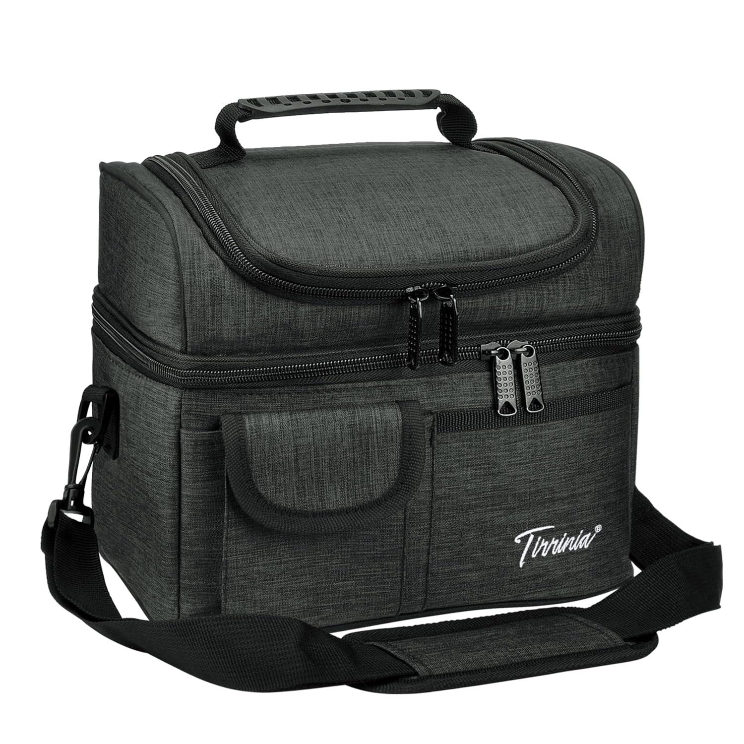 Tirrinia Dual Compartment Lunch Bag with Shoulder Strap for Adults, Large Lunch Bags, Insulated Leakproof Thermal Lunch Totes, Charcoal