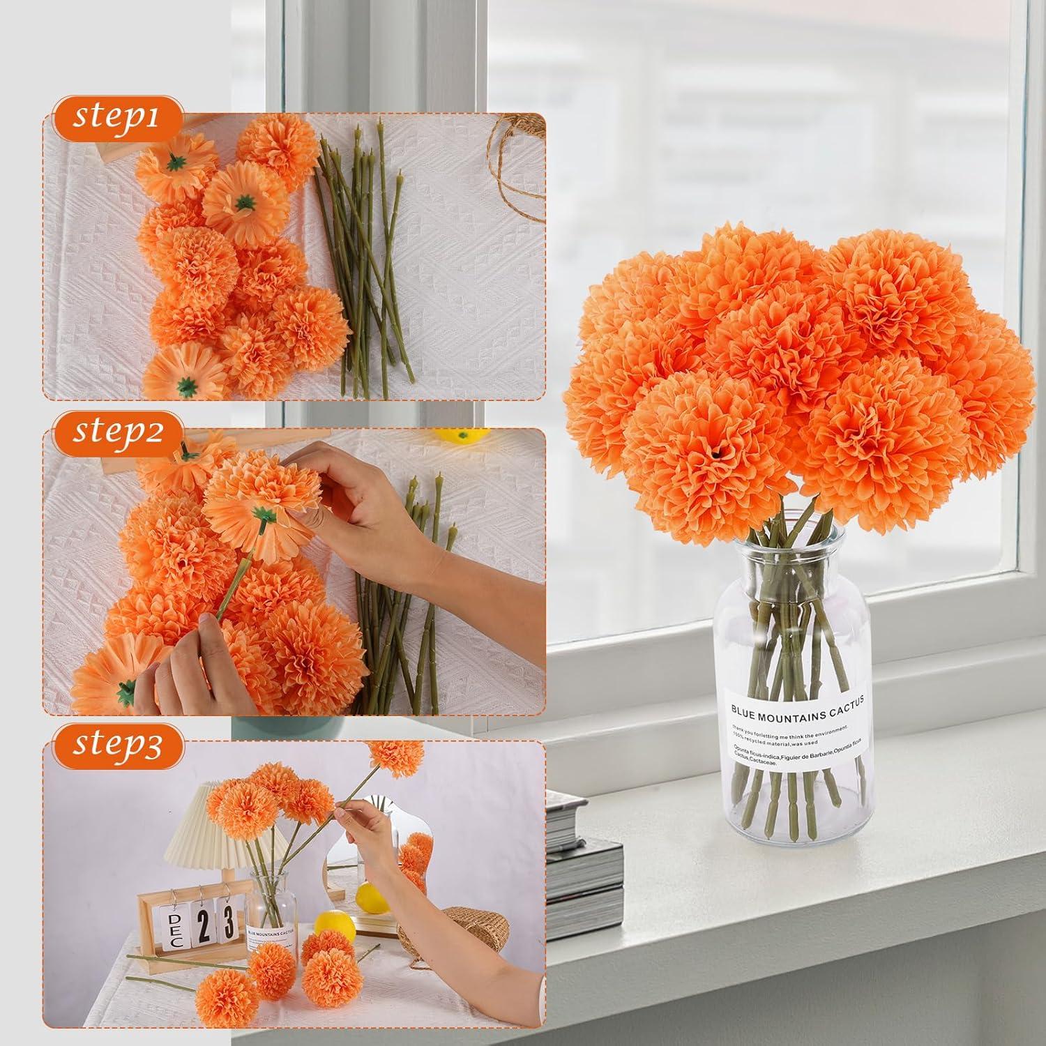 12pcs Orange Fake Flowers 12" Artificial Chrysanthemum Ball Silk Flowers Bouquet for Home Kitchen Wedding Table Arrangement Decorations