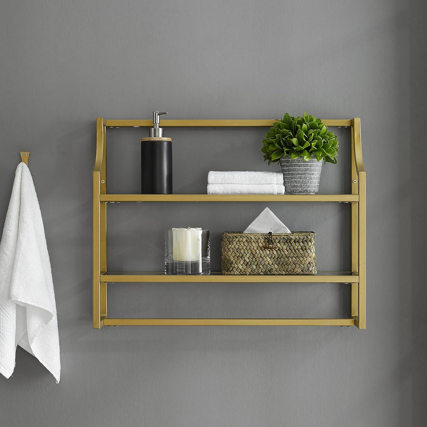 Crosley Aimee Wall Shelf Gold: Modern Luxury Storage with Tempered Glass, Steel Frame, Open Design