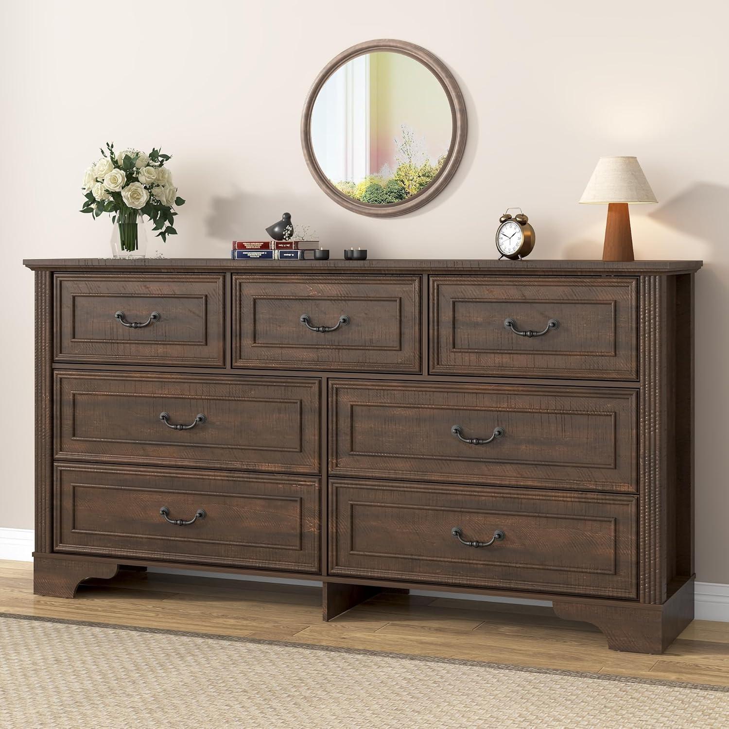 Charlton Home® 59" Farmhouse Dresser With 7 Spacious Drawers – Rustic Wooden Storage Cabinet For Bedroom, Living Room, Or Entryway