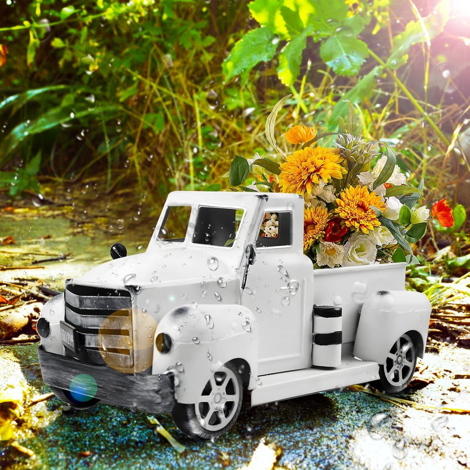 Sunflower Metal Truck with Artificial Flower Vintage Farm Pickup Farmhouse Tabletop Tiered Tray Decor, Rustic Farmhouse Decor for Table Top Decor Home Kitchen(White)