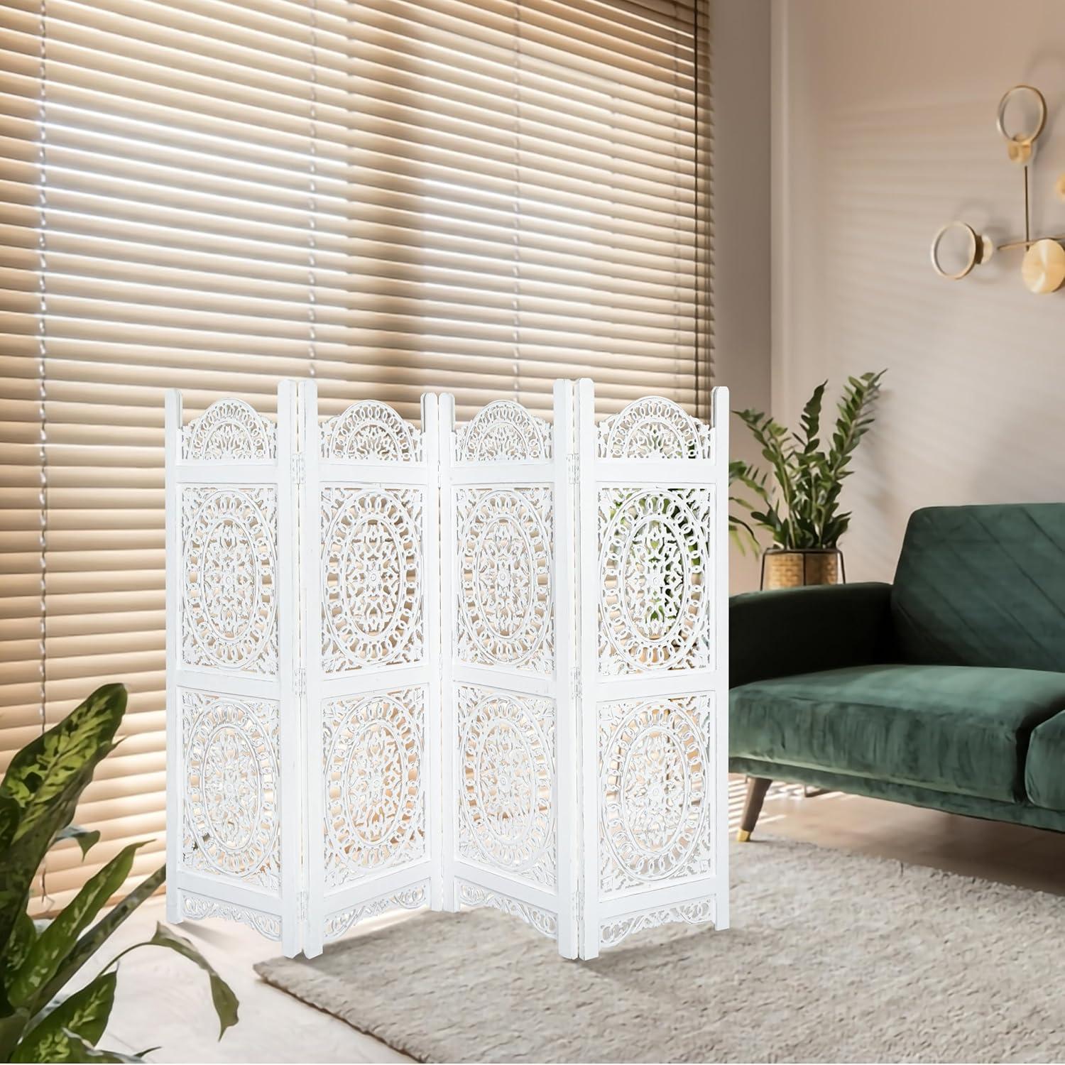 Canora Grey Light & Pro Wood Heart Design Handmade Hinged Foldable Partition 4 Panel Room Divider Screen With Intricately Carved Designs, Pre Assembled - Ready To Use - 48" X 64"