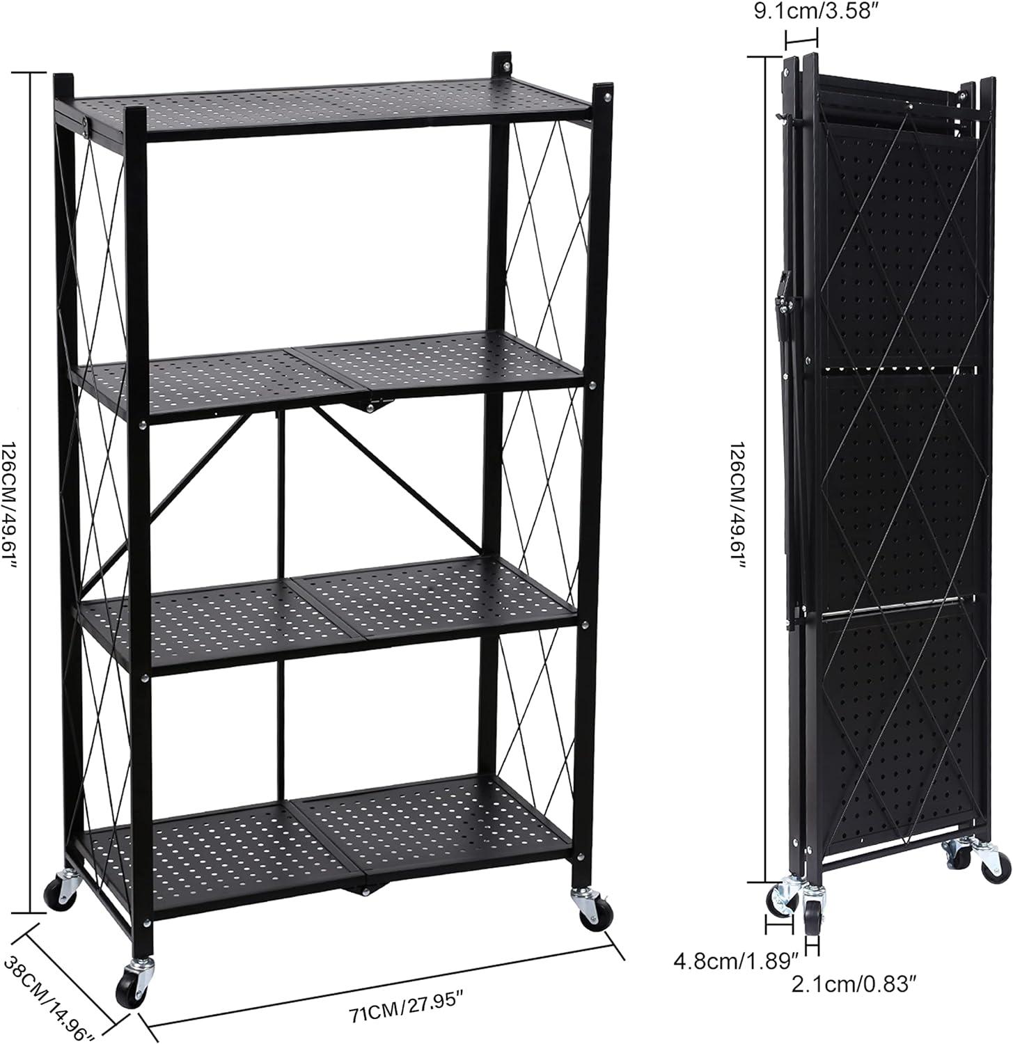 HeSLehs 4-Tier Heavy Duty Foldable Metal Rack Storage Shelving Unit with Wheels Moving Easily Organizer Shelves Great for Garage Kitchen, Black