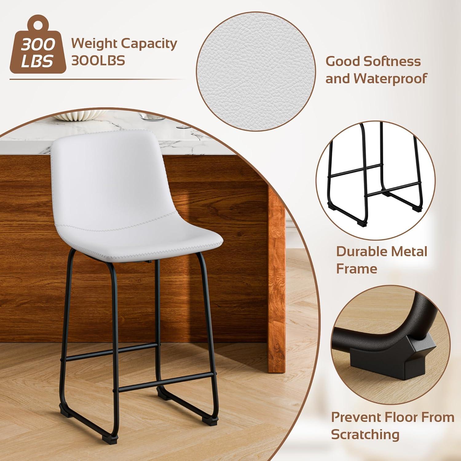 Bar Stools Set of 2, 26inches Counter Height Barstools with Back, Modern Bar Stool for Kitchens Island, Faux Leather Bar Chairs with Metal Legs and Footrest (White)