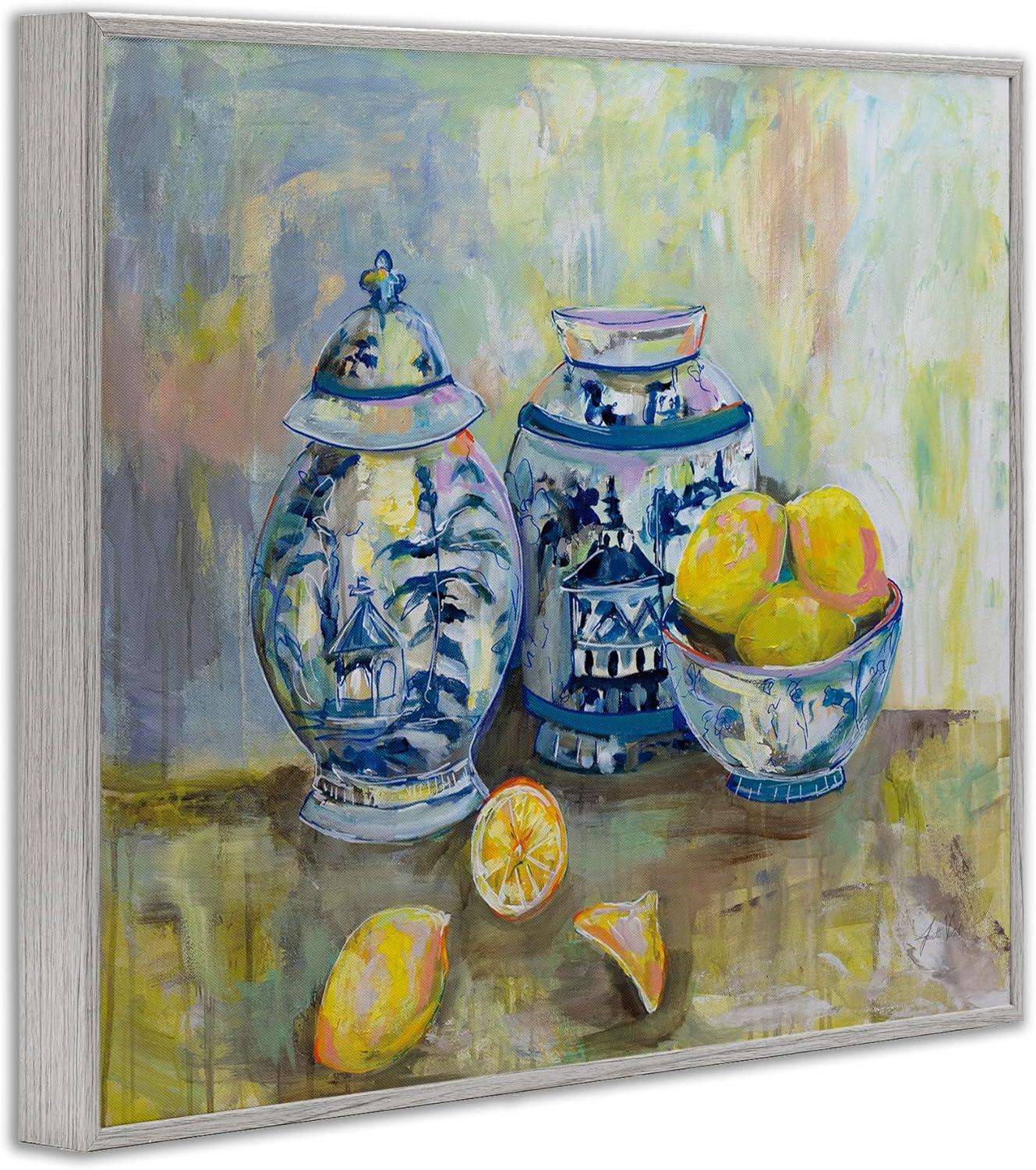 Stupell Industries Lemons and Pottery Yellow Blue Classical Painting Gray Framed Art Print Wall Art, 11x14, by Jeanette Vertentes