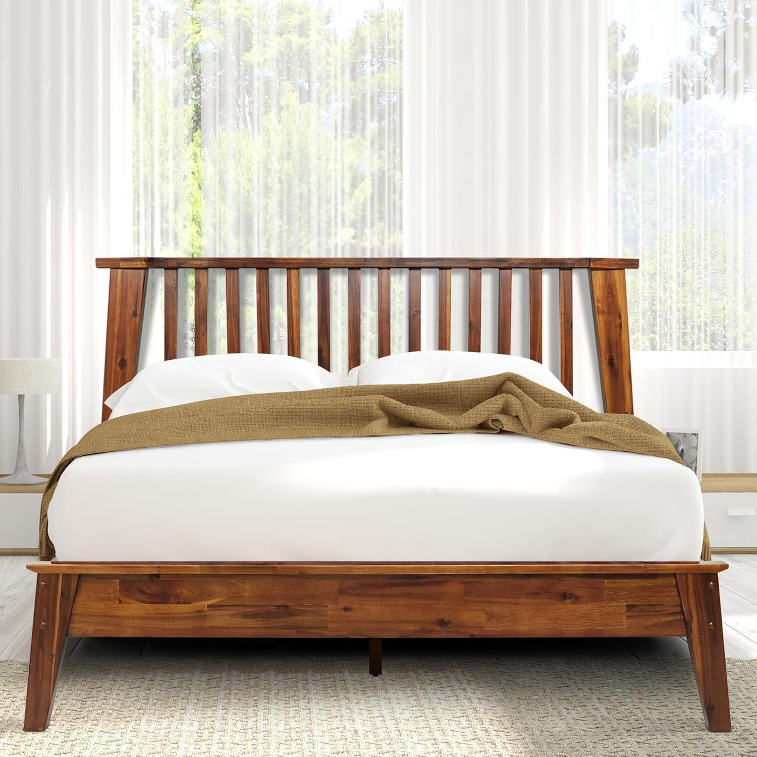 Acacia Kaylin Bed Frame with Headboard Solid Wood Platform Bed, Queen Bed Frame, Scandinavian Signature Wood Bed Compatible with All Mattress Types, Non-Slip and Noise-Free, Walnut