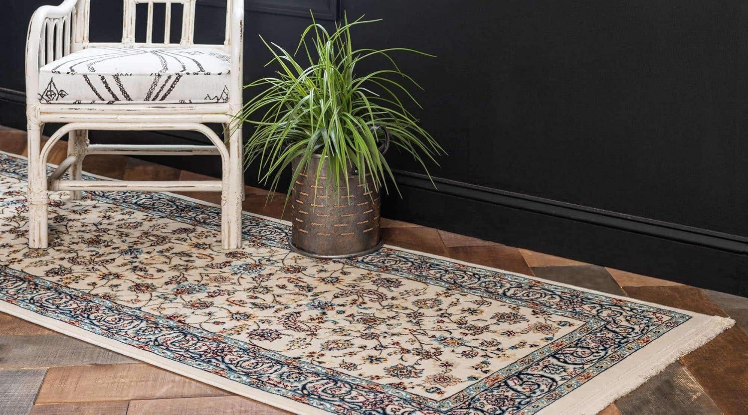 Ivory Floral Synthetic Runner Rug with Persian Motif