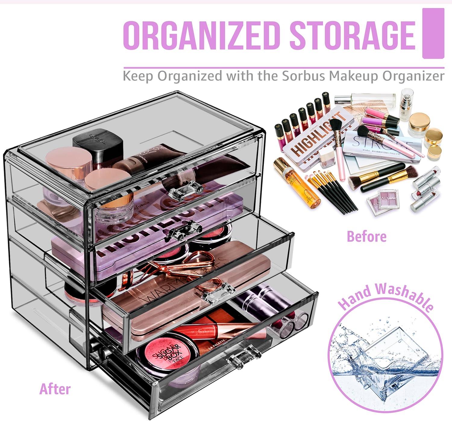 Sorbus 4 Drawer Acrylic Makeup Organizer and Storage for Cosmetics, Jewelry, and more Clear Makeup Organizer for Vanity, College Dorm (Black)