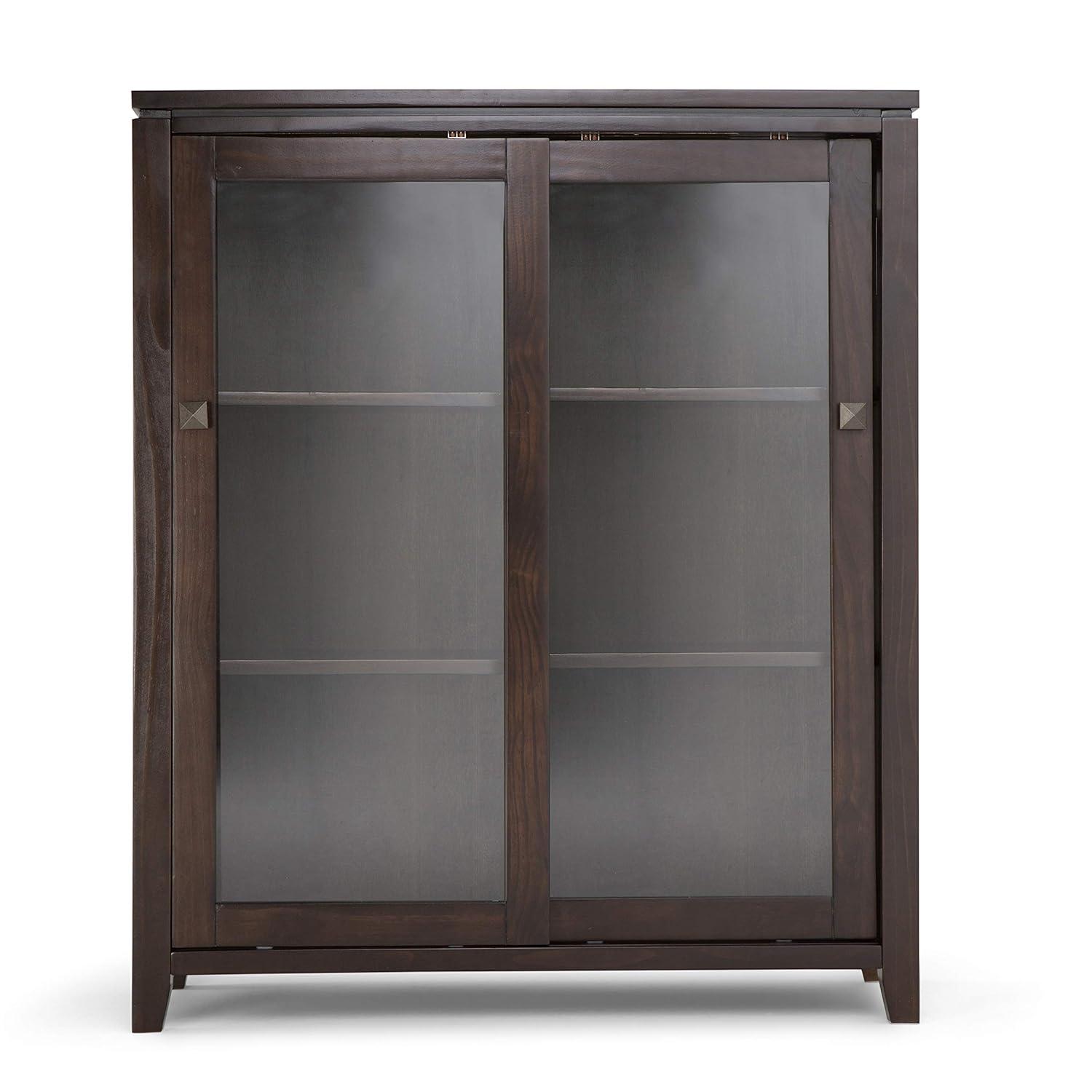Simpli Home Cosmopolitan 36"W Solid Wood 4-Shelf Contemporary Medium Storage Cabinet with Sliding Glass Doors