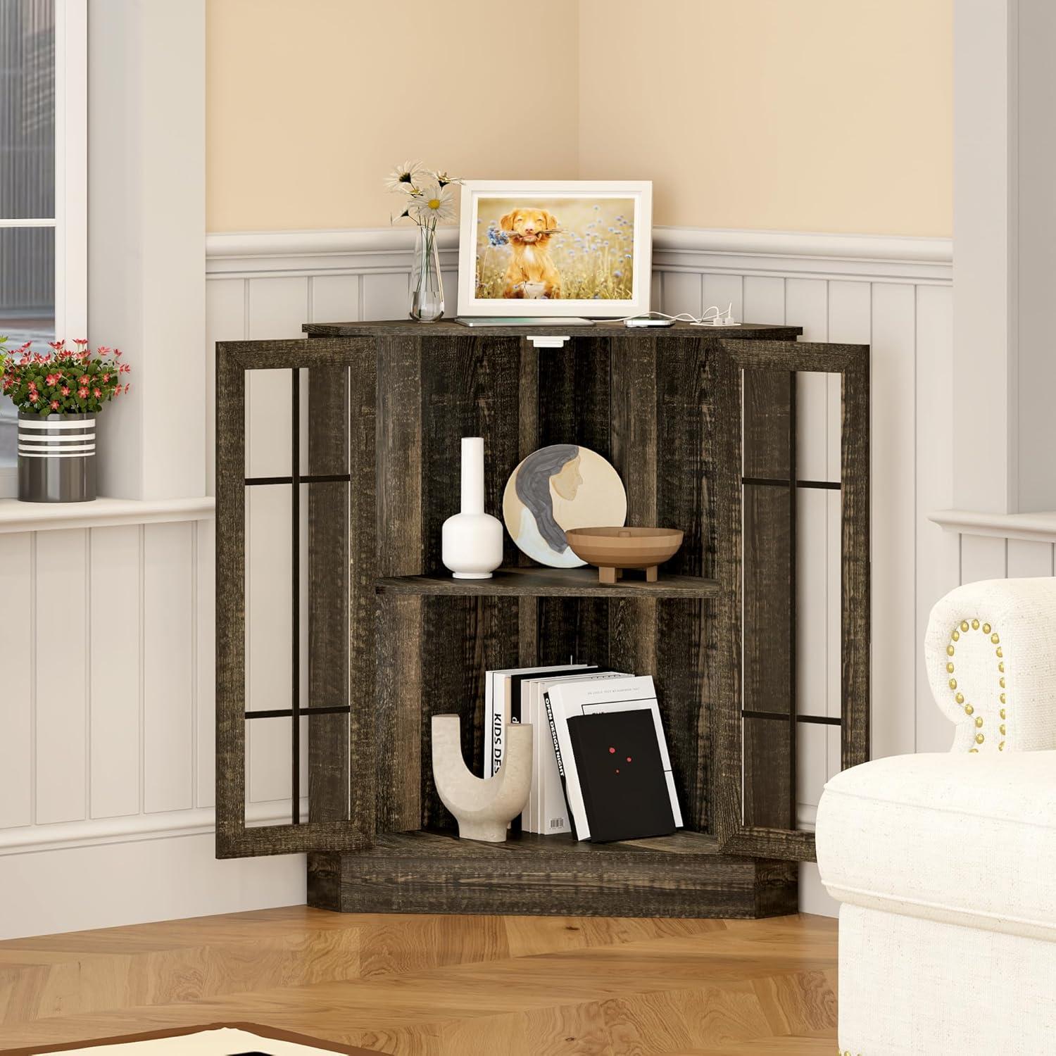 Farmhouse Corner Cabinet with LED Light, Small Bathroom Cabinet with 2 Doors, Free Standing Home Floor Corner Storage Cabinet for Laundry Room, Living Room or Kitchen, Rustic Brown