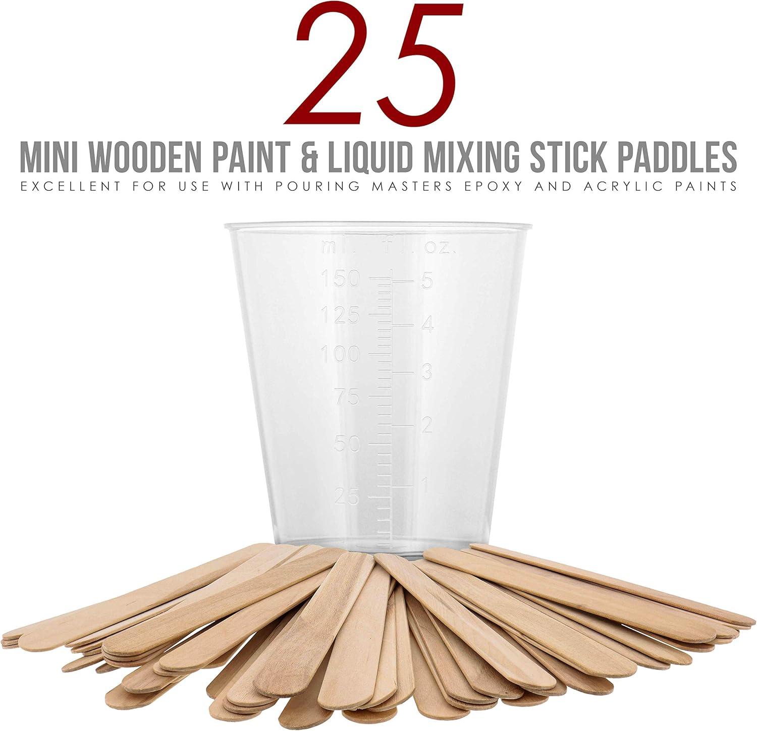 Pouring Masters 5 Ounce (150ml) Graduated Plastic Measuring Cups (100 Clear Cups & 25 Mixing Sticks) - For Acrylic Paint, Resin, Epoxy, Art, Kitchen Cooking, Medicine, Laboratory - OZ, ML Measurements