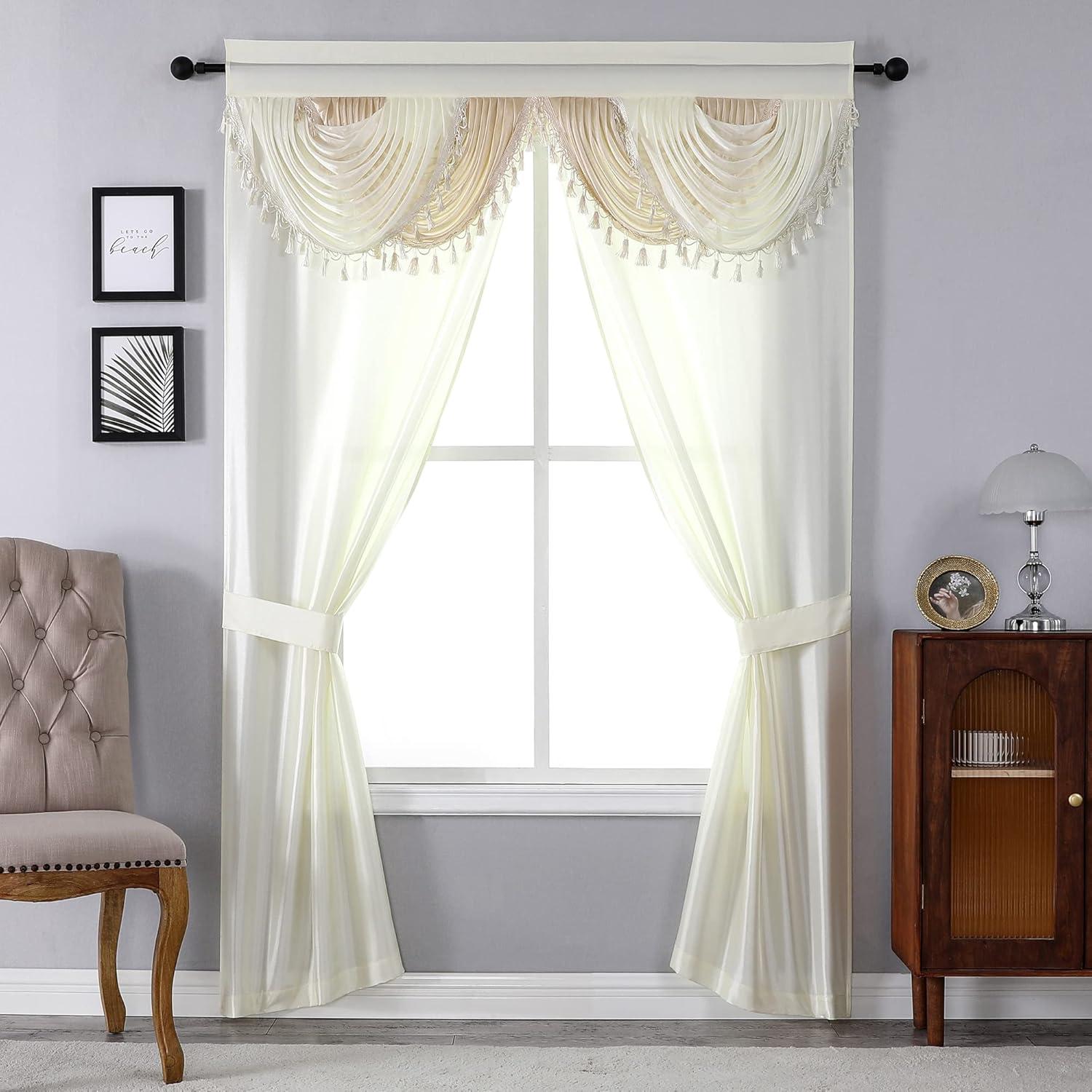 Regal Home Collections Amore Curtains 5-Piece Window Curtain Set - 54-Inch W x63-Inch L Panels with Attached Valance and 2 Tiebacks (Beige)