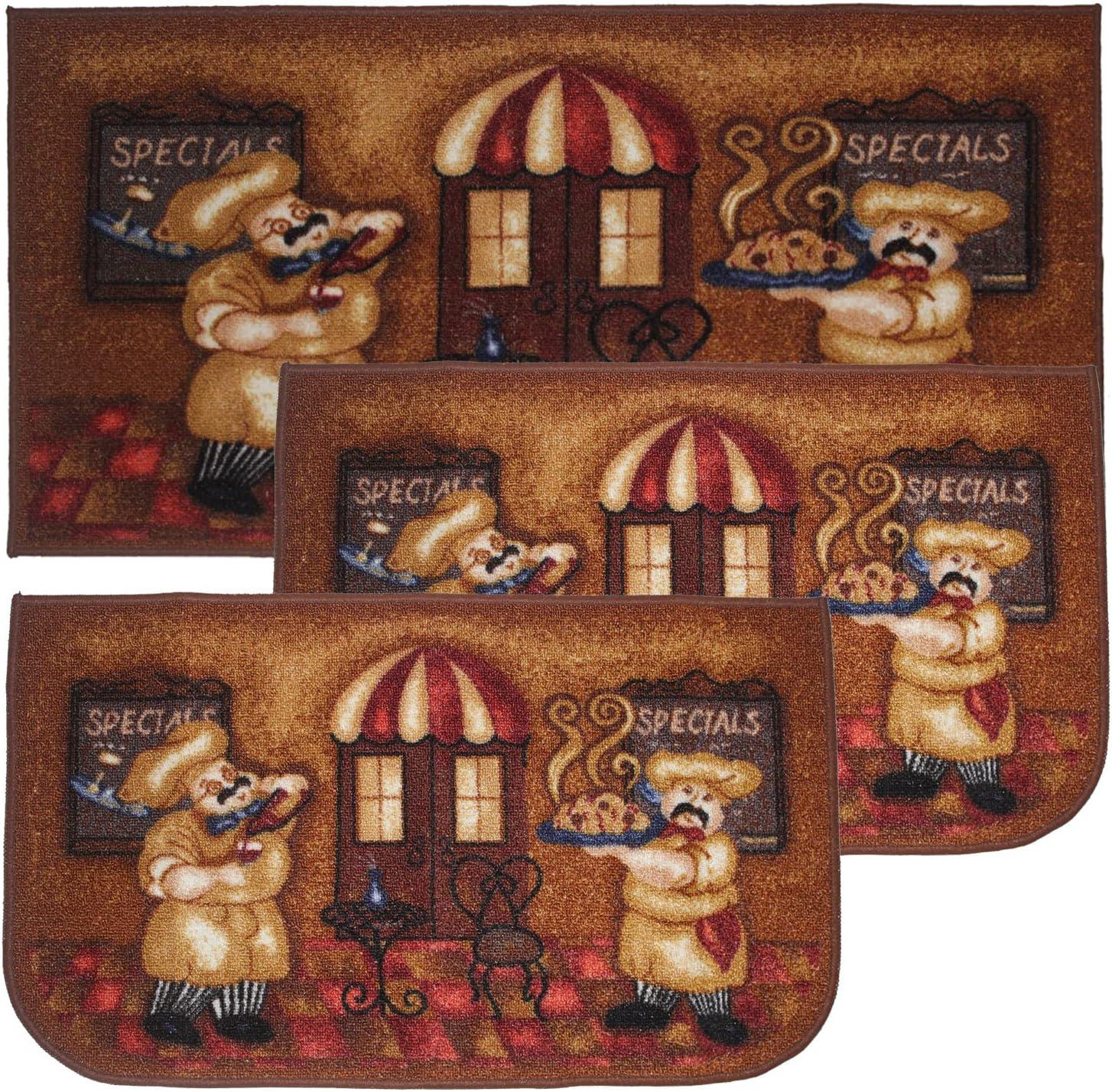 Kashi Home Kitchen Rug, Printed Area Rug, Durable Floor, Door Mat, Farmhouse Non-Slip Carpet Latex Backing Beautiful Design Chef 3pc Set (2 18x30 D Shape & 1 20x40)