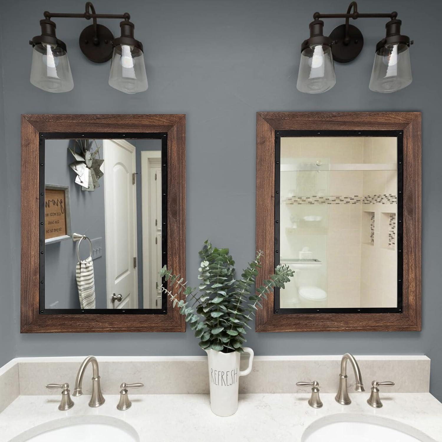 COSMOGO Rustic Wooden Framed Wall Mirror, Natural Wood Bathroom Vanity Mirror Brown 40" x 26" Brown
