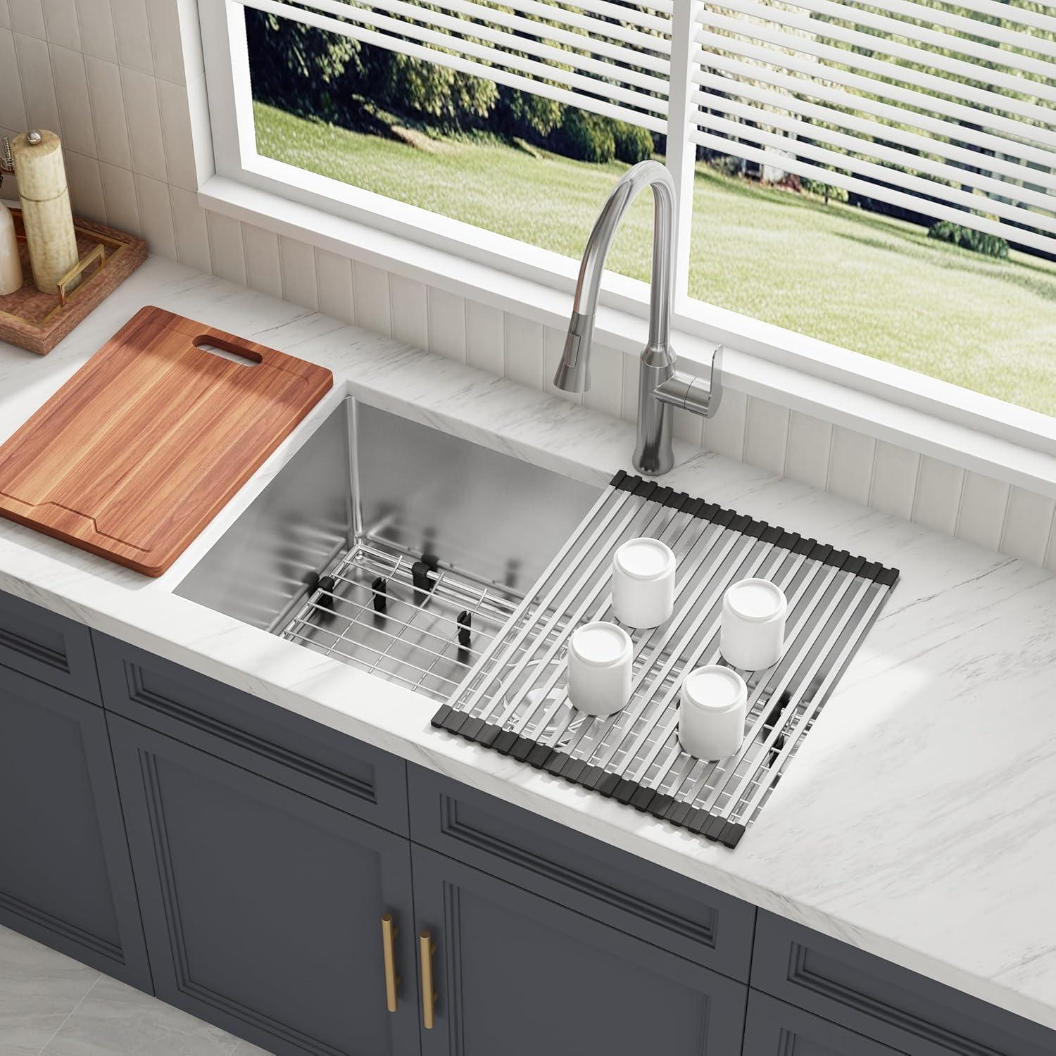 Blenzia 30 Inch Undermount Kitchen Sink 16 Gauge Stainless Steel Single Bowl Handmade Sink 30" X 18" X 10"