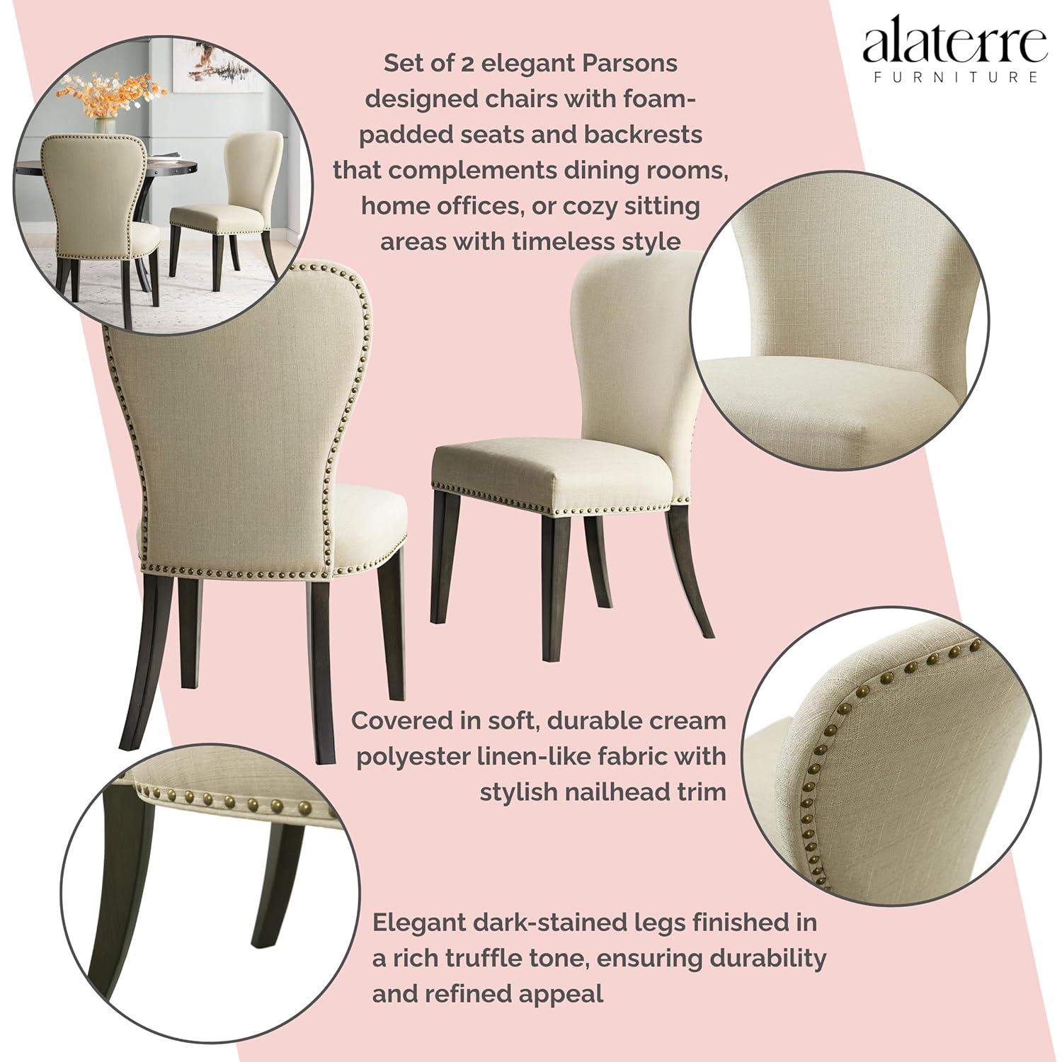 Set of 2 Savoy Upholstered Dining Armless Chairs Cream - Alaterre Furniture: Faux Leather, Nailhead Detail, Rubberwood Frame