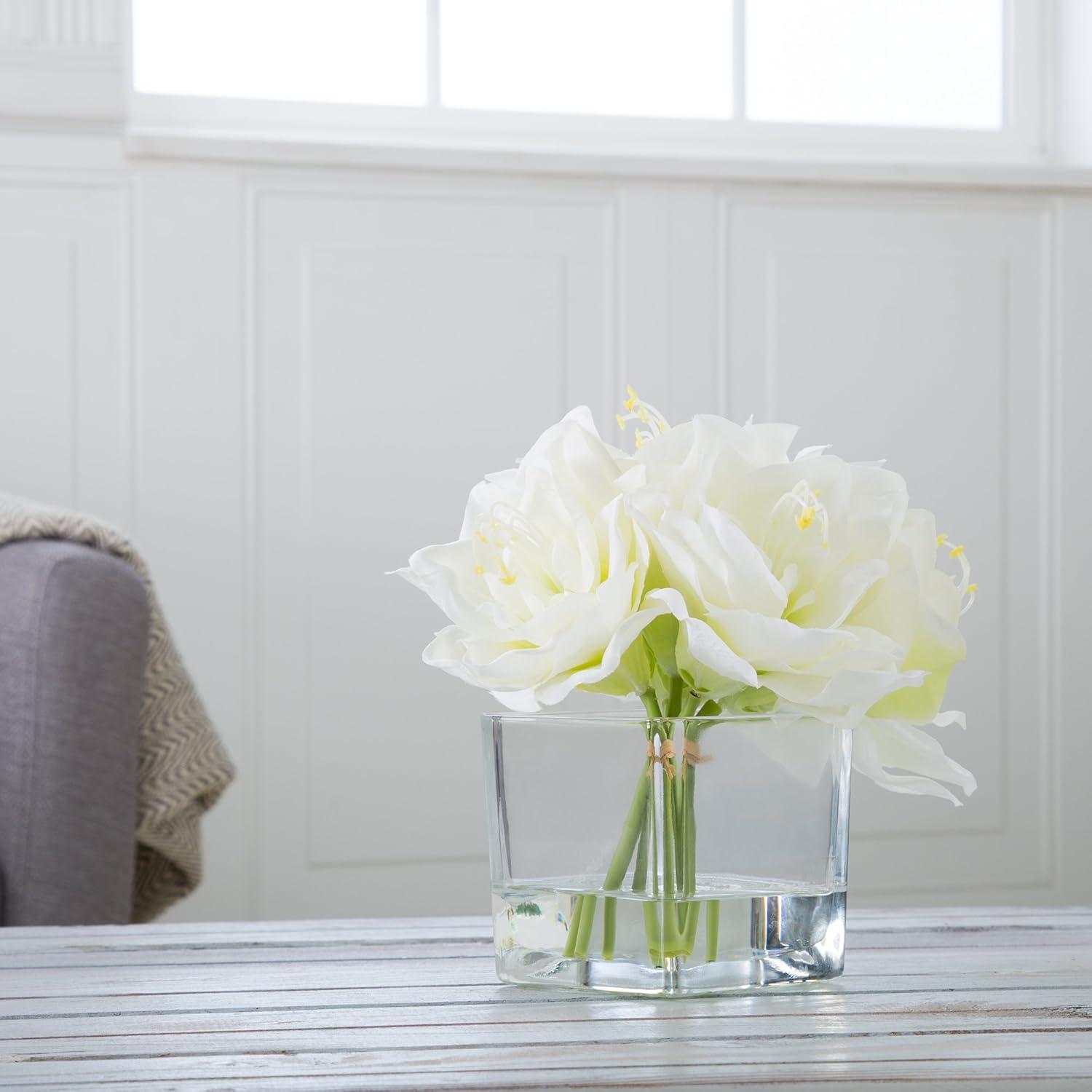 Lilies Floral Centerpiece - Five Cream-Colored Lily Blossoms in a Clear Glass Bowl with Fake Water - Artificial Flowers in Vase by Pure Garden (Cream)