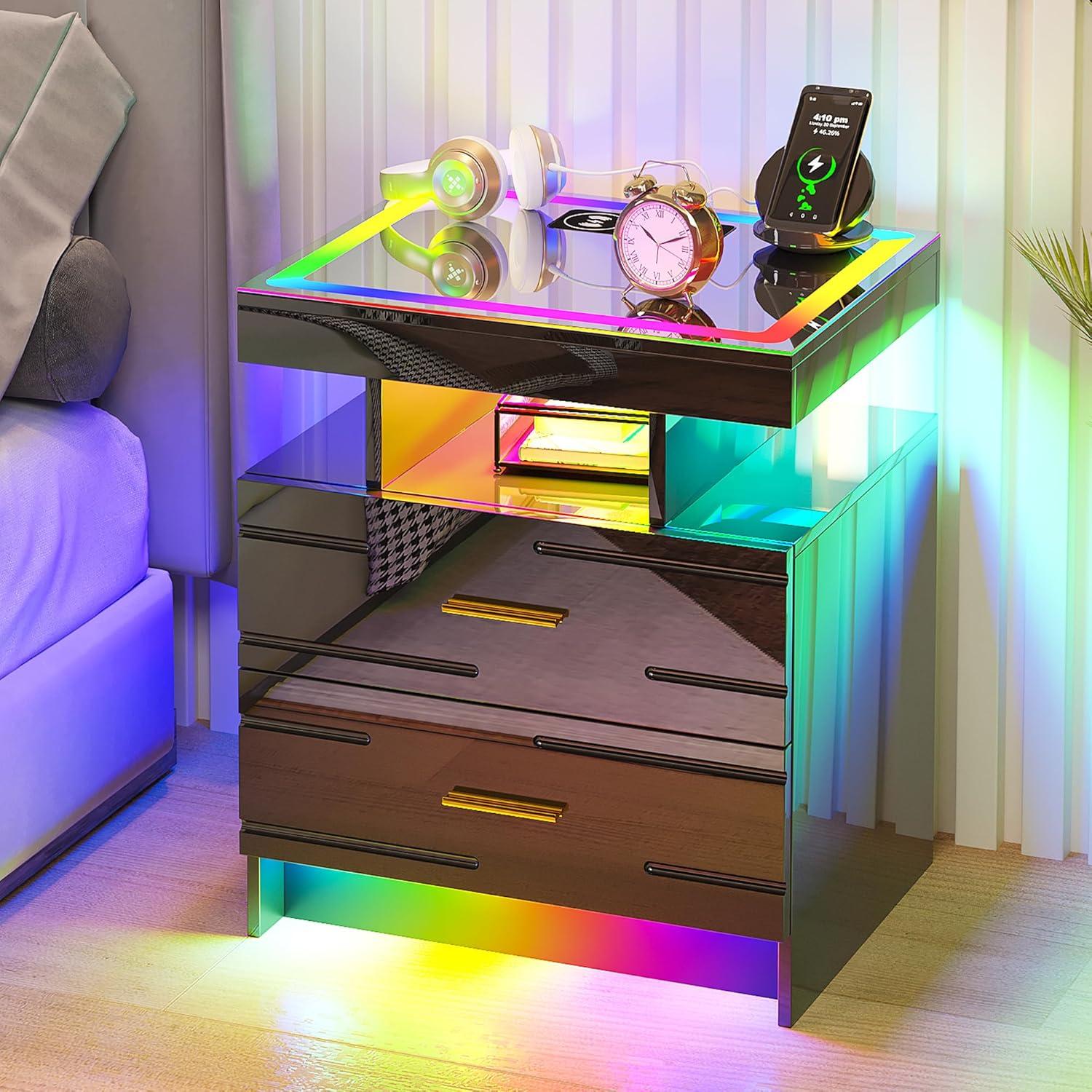 HNEBC Smart LED Nightstand with Wireless Charging & USB Ports, High Glossy Night Stand with 3 Drawers and 1 Pull-Out Tray, Modern Bedside Table with Human Sensor for Bedroom (White)