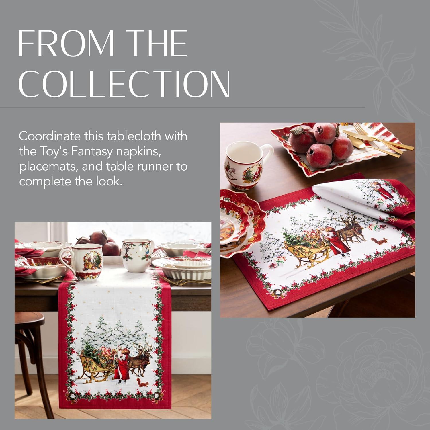 Christmas Holiday Santa and Reindeer Fabric Tablecloth, 60"x84" Rectangle