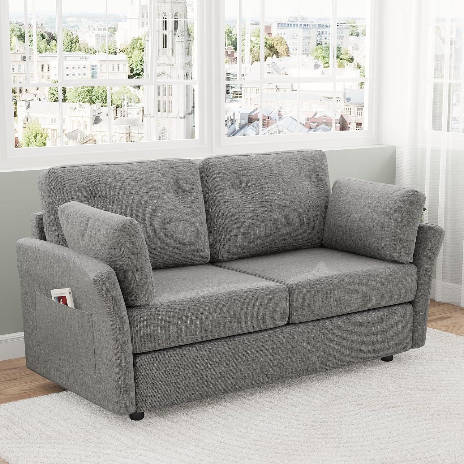 Novilla 57" Loveseat Sofa for Living Room, Linen Fabric Upholstered Small Couch With 2 Bolster Pillows for Apartment, Bedroom, Toolless Assembly, Grey
