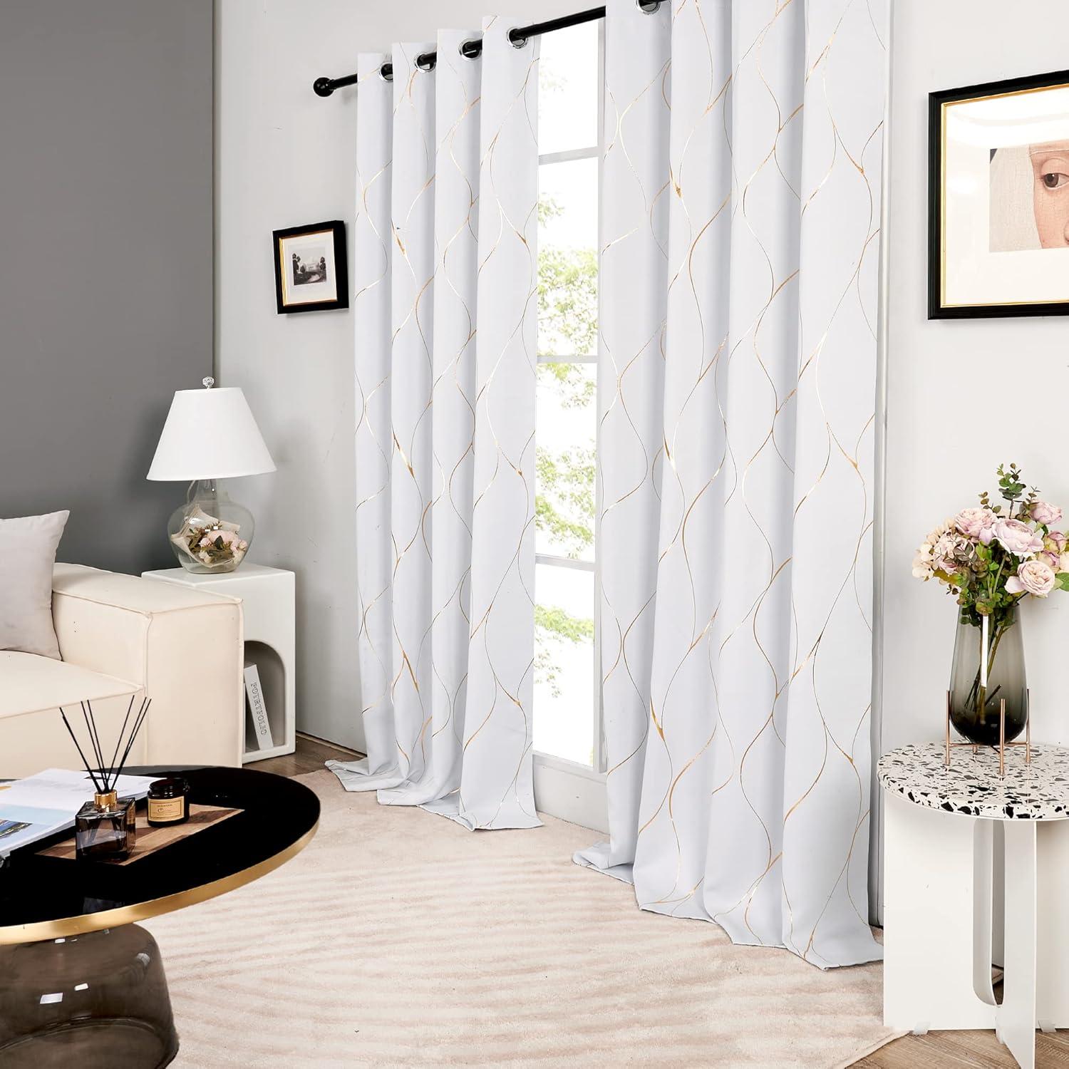 Grayish White-Gold Wave Blackout Grommet Curtains, 52x84 Inch, 2 Panels