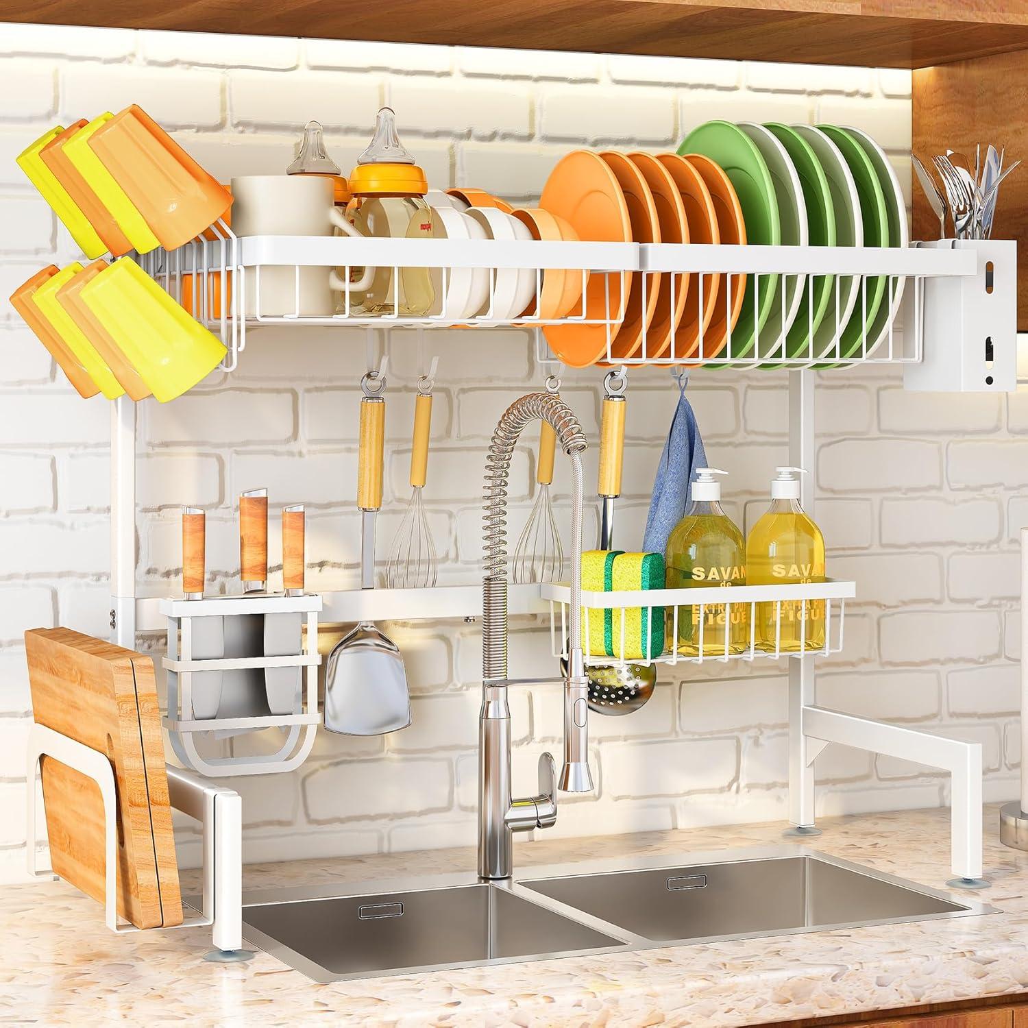 Adjustable White Stainless Steel Over-the-Sink Dish Drying Rack