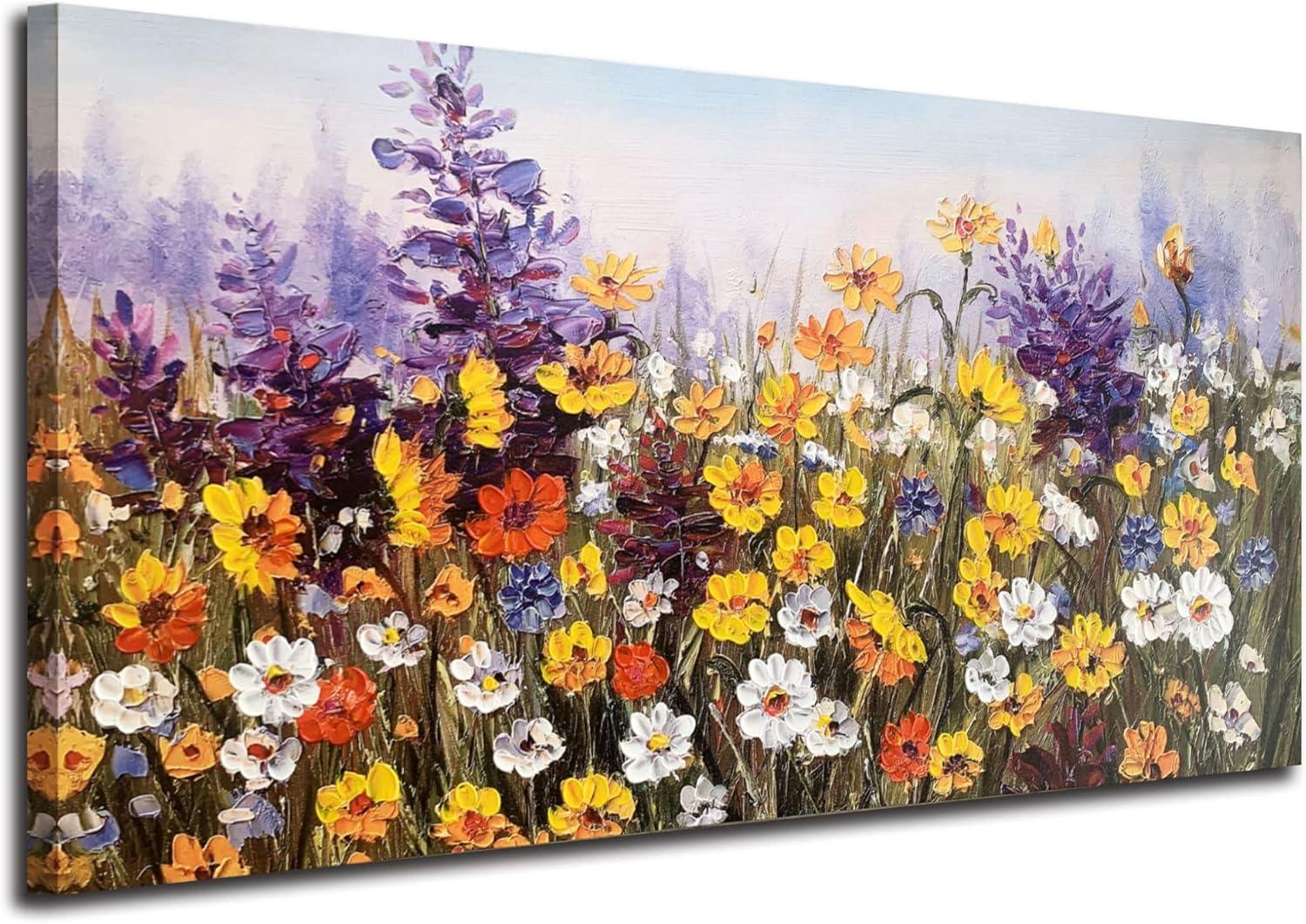 BCIIG  Flowers Wall Art Canvas Daisy Colorful 3d Textured Picture Landscape Wildflowers Painting, Purple Yellow Floral Artwork Large Framed for Living Room Bedroom Bathroom Office Home Decor 20"x16"