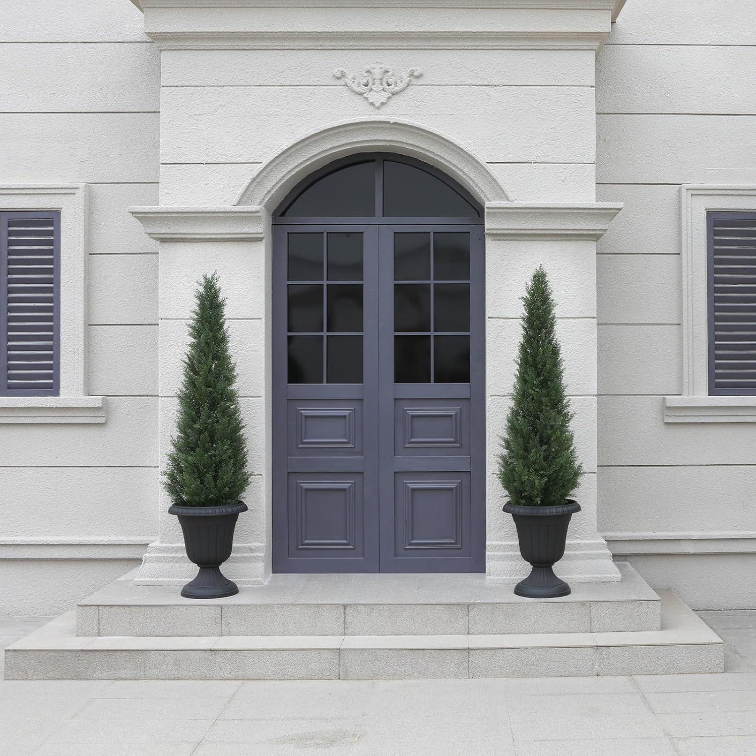 5ft Artificial Cedar Topiary Trees for Outdoors, Fake Cypress Plants with Solar Light String, Faux uv resistant Plants for Home Front Porch Decor, Housewarming Gift