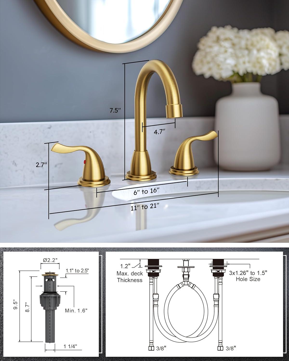 Brushed Gold Bathroom Faucet 3 Hole: ARCORA 8 Inch Widespread Bathroom Faucet, 2 Handles Bathroom Sink Faucet with Drain Assembly