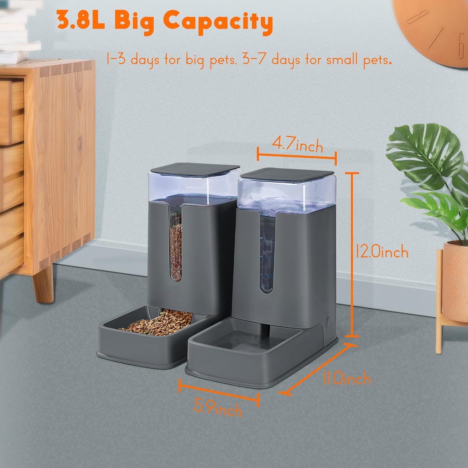 Automatic Cat Feeder and YPF5 Cat Water Dispenser in Set 2 Packs Automatic Dog Feeder and Dog Water Dispenser 1 Gallon for Small Medium Big Dog Pets Puppy Kitten (deep Gray)