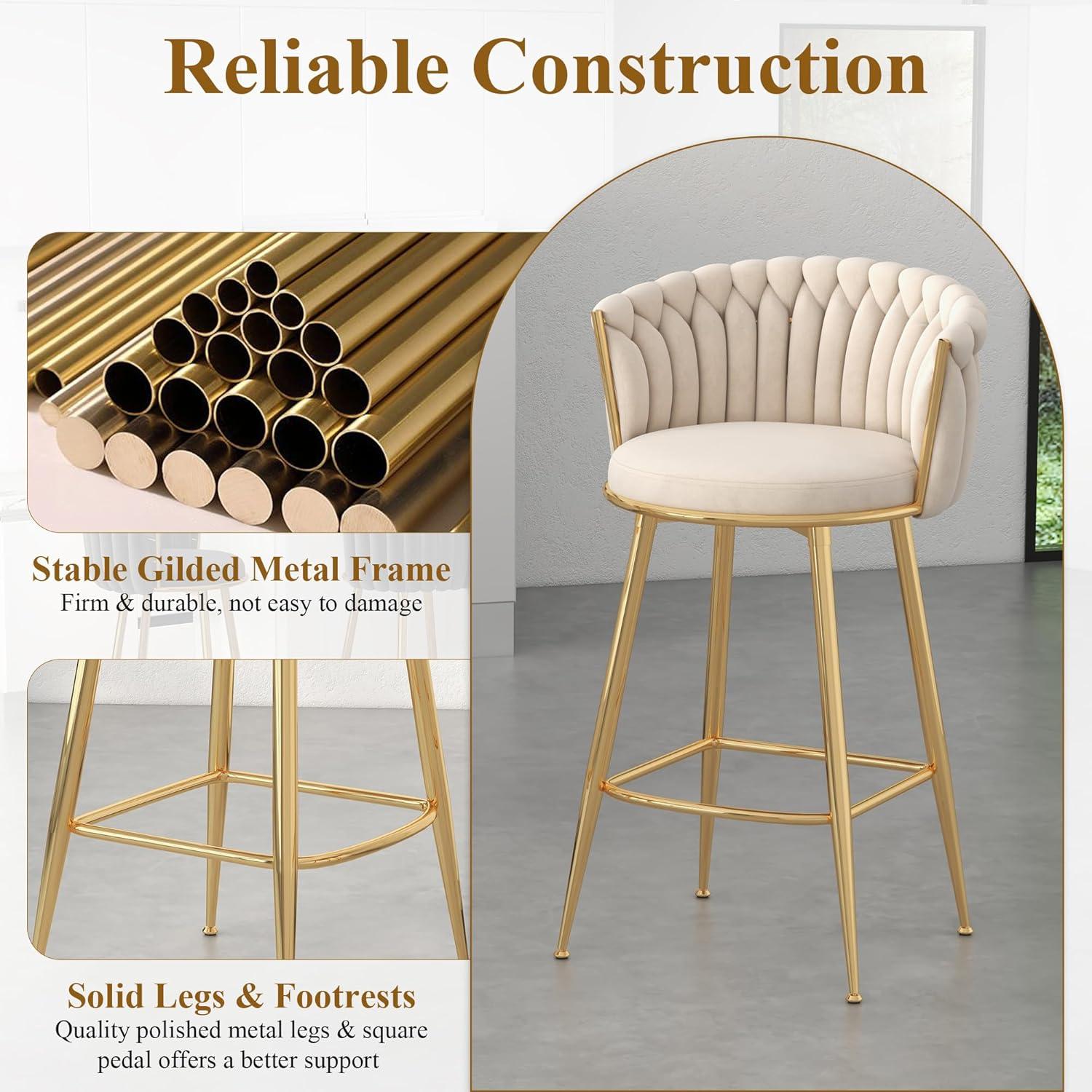 Counter Height Stools Set of 2, Velvet Bar Stools with 27 Inches Upholstered Seat Height, Handmade Woven Back Armrest, Sturdy Golden Metal Legs for Home Dining Pub Kitchen Island, Beige