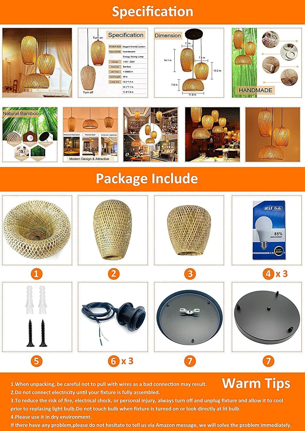 GCQ Bamboo Light Fixtures, 3 Headlights E26 E27 Retro Rustic Bamboo Wicker Rattan Chandelier Ceiling Hanging Light for Living Room Bedroom Farmhouse Restaurant Cafe Teahouse Bar Dining Room Club