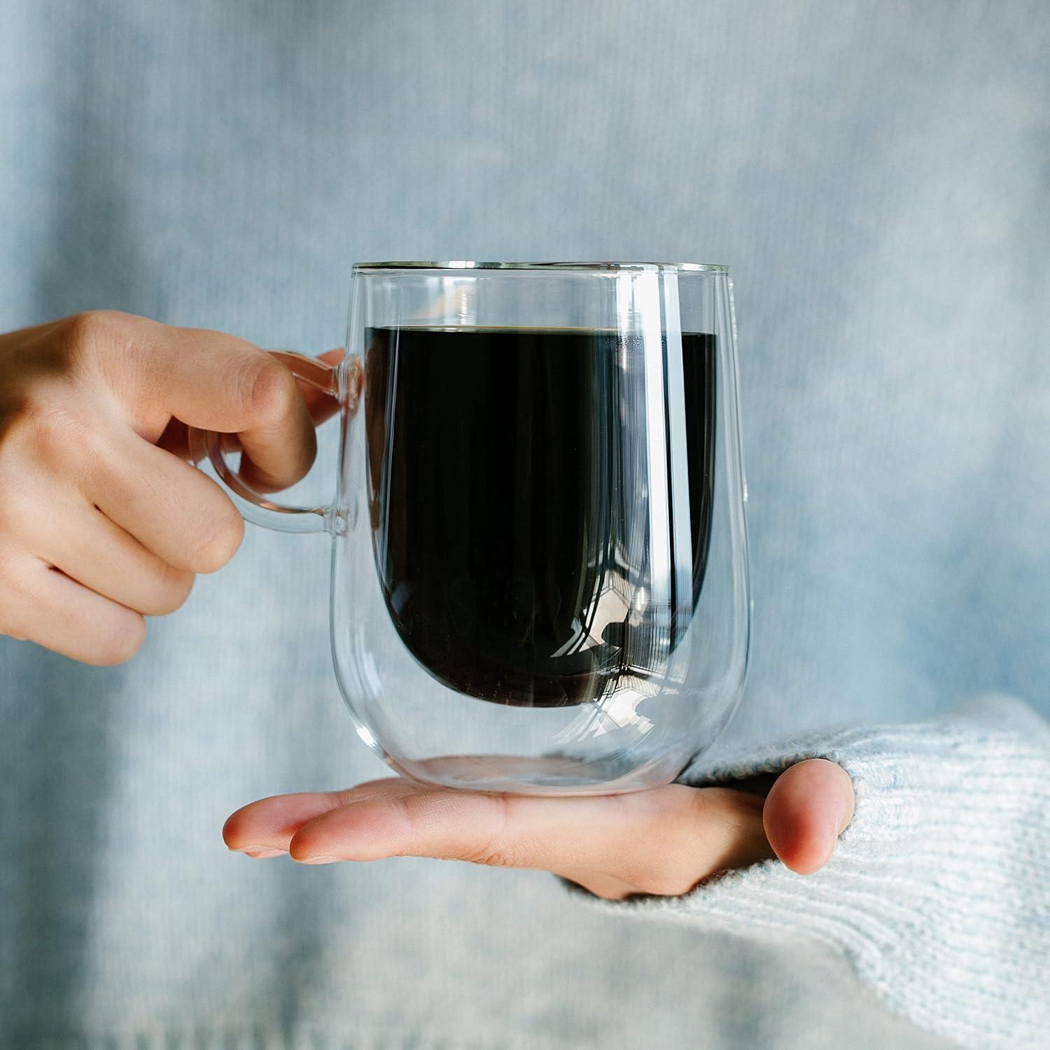 Clear Double Wall Glass 12 oz Coffee Mugs Set of 4