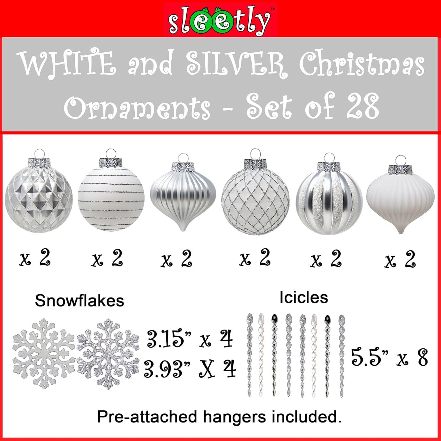 SLEETLY 28pk White Silver Christmas Ball Ornaments for Tree Decorations - Holiday Xmas Shatterproof Plastic Balls, Icicles and Snowflakes Ornament Set