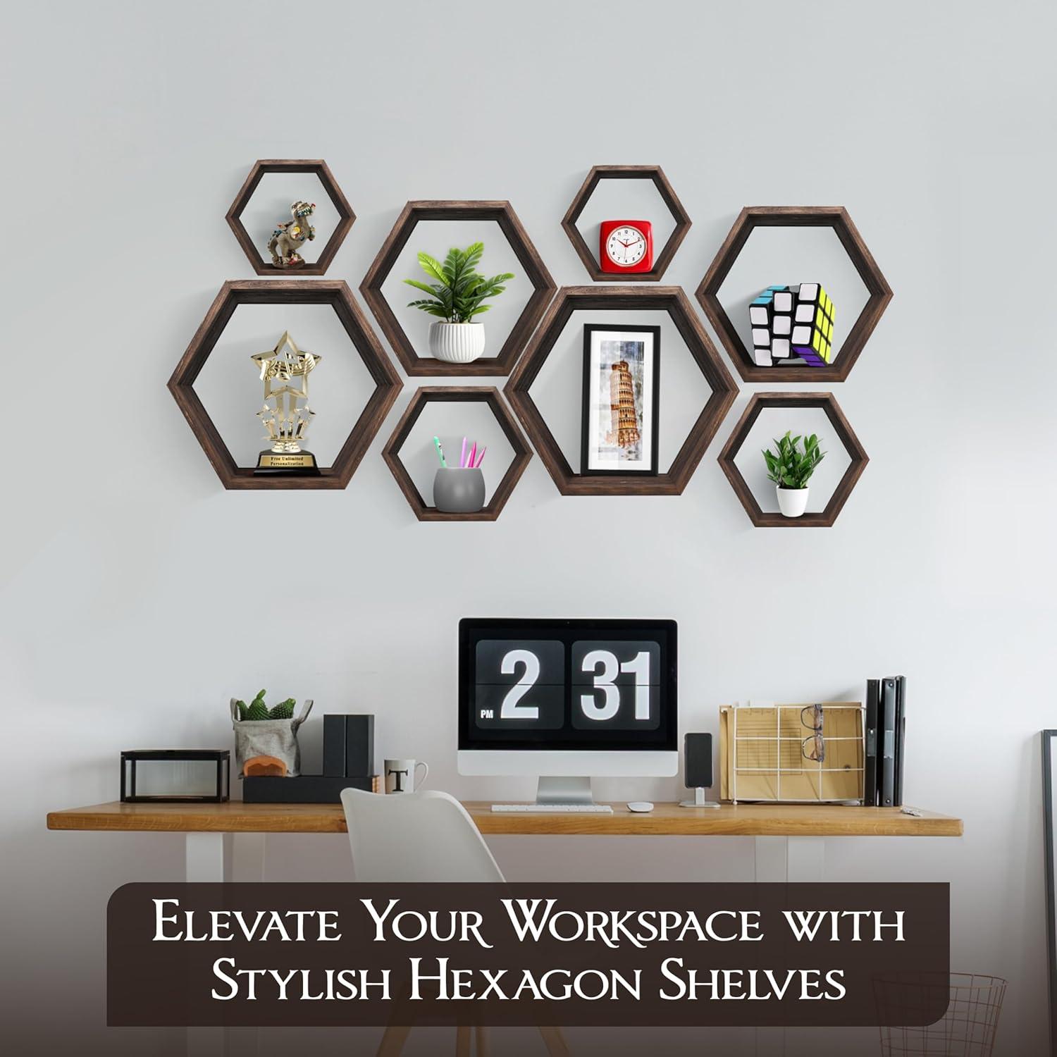 Hokku Designs Floating Shelves Set Of 8 Honeycomb Shelves For Wall,Rustic Brown