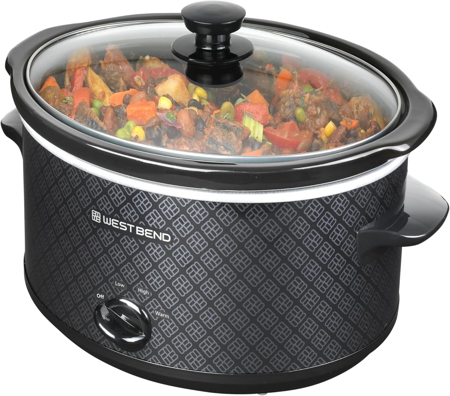 West Bend Slow Cooker 4-Quart Manual Crockery Style with Oval Ceramic Crockpot and Glass Lid, 210-Watts, Black