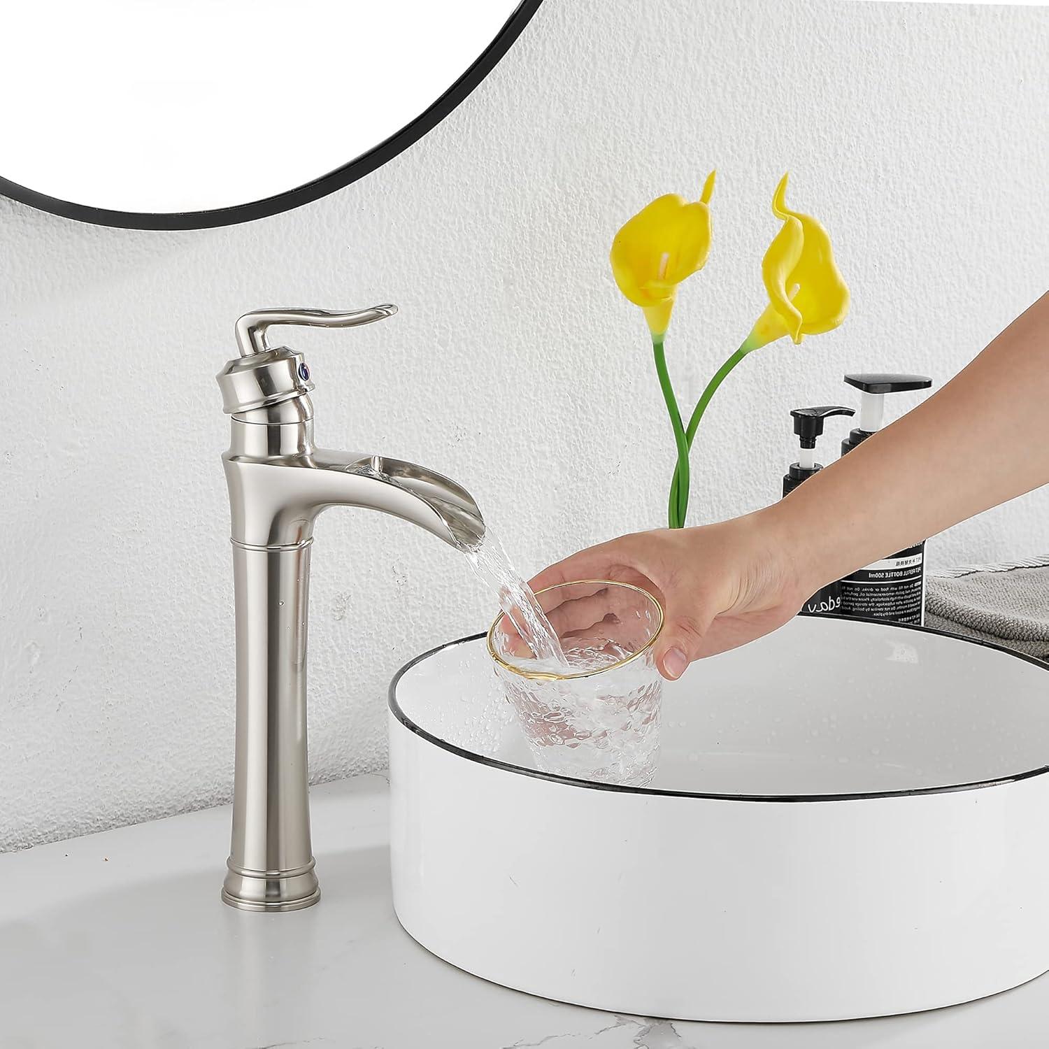 Waterfall Bathroom Faucet Brushed Nickel GGStudy Single Handle One Hole Tally Body Farmhouse Bathroom Vessel Sink Faucet Matching with Pop Up Drain