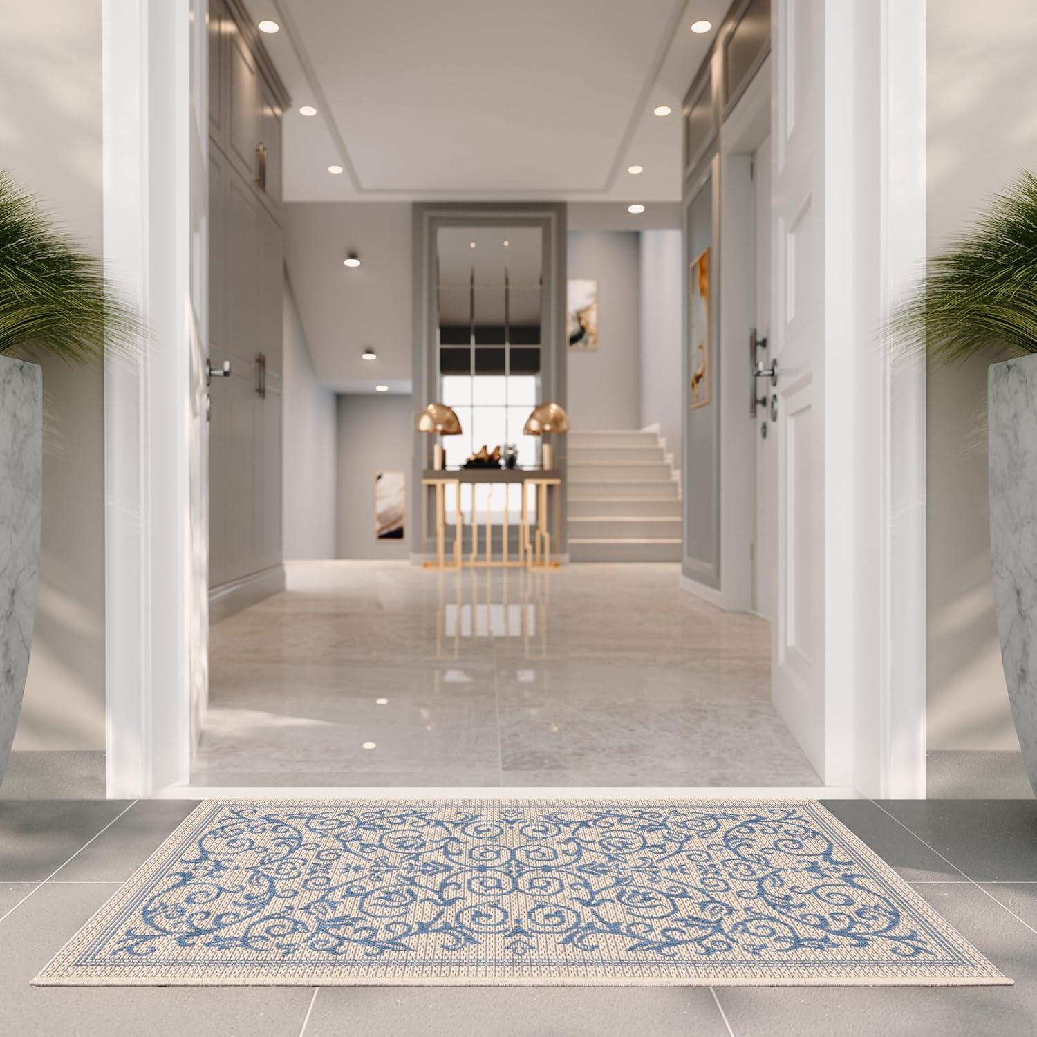 Courtyard CY2098 Power Loomed Indoor and Outdoor Accent Rug - Natural/Blue - 2'x3'7" - Safavieh