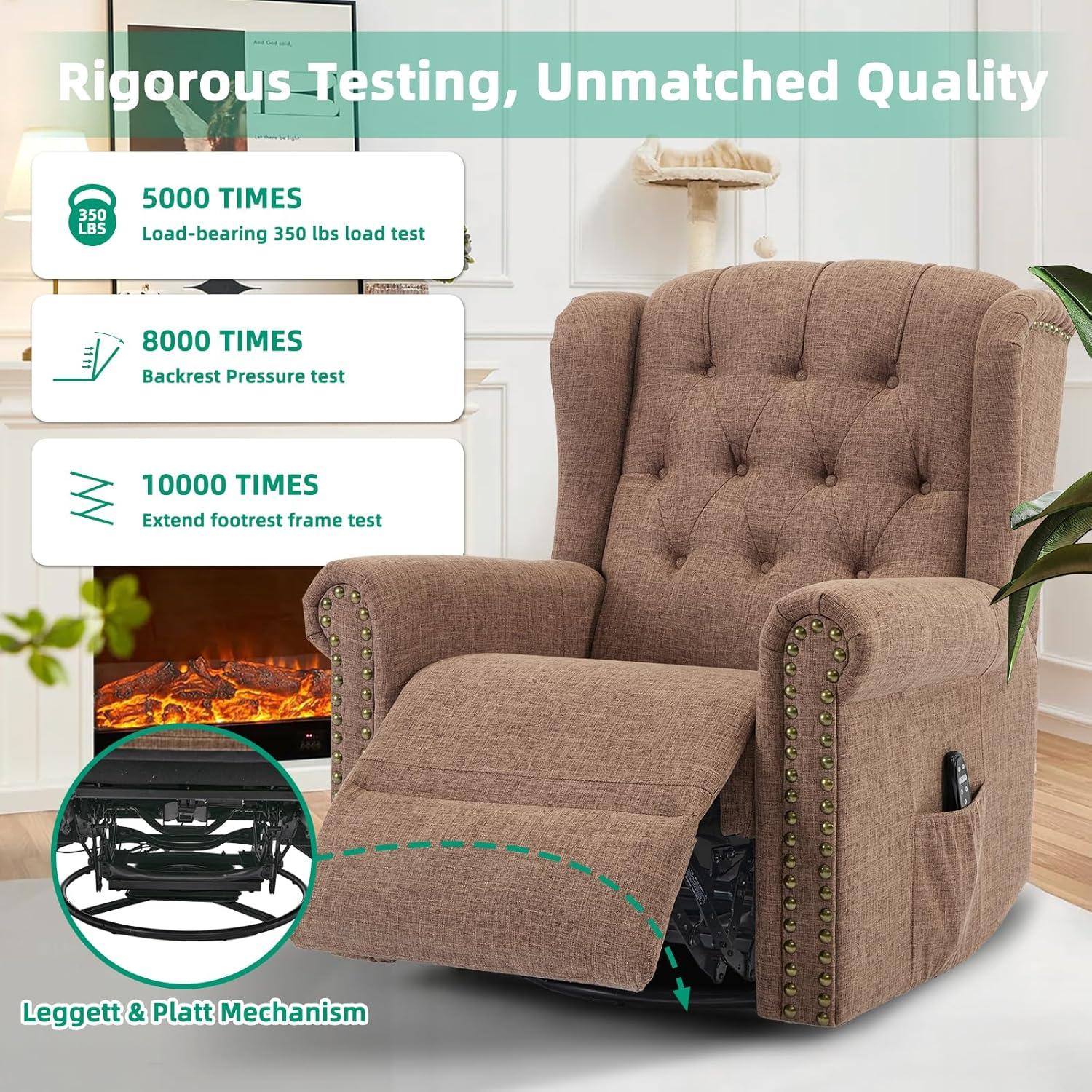 MEETWARM Meetwarm Power Swivel Rocking Glider Recliner Chair With Heat And Vibration, Electric Rocker Nursery Reclining Chair, Wingback Tufted Upholstered Recliner For Living Room, Type-C & Usb Ports
